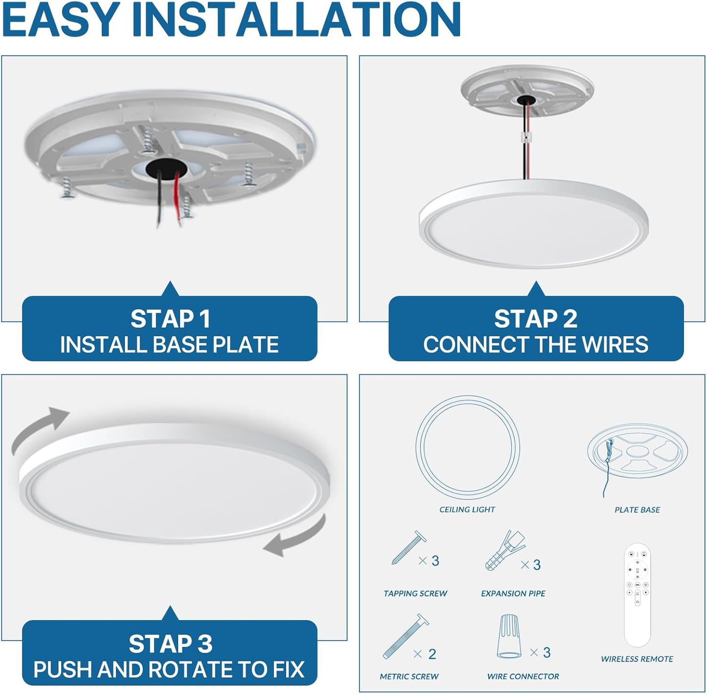 2Pack Dimmable LED Flush Mount Ceiling Light Fixture with Remote Control, 24W 2400LM, 12Inch, 2000K Warm Night Light & 3000K-6500K, Modern Super Slim Ceiling Lamp for Bedroom Kitchen, White