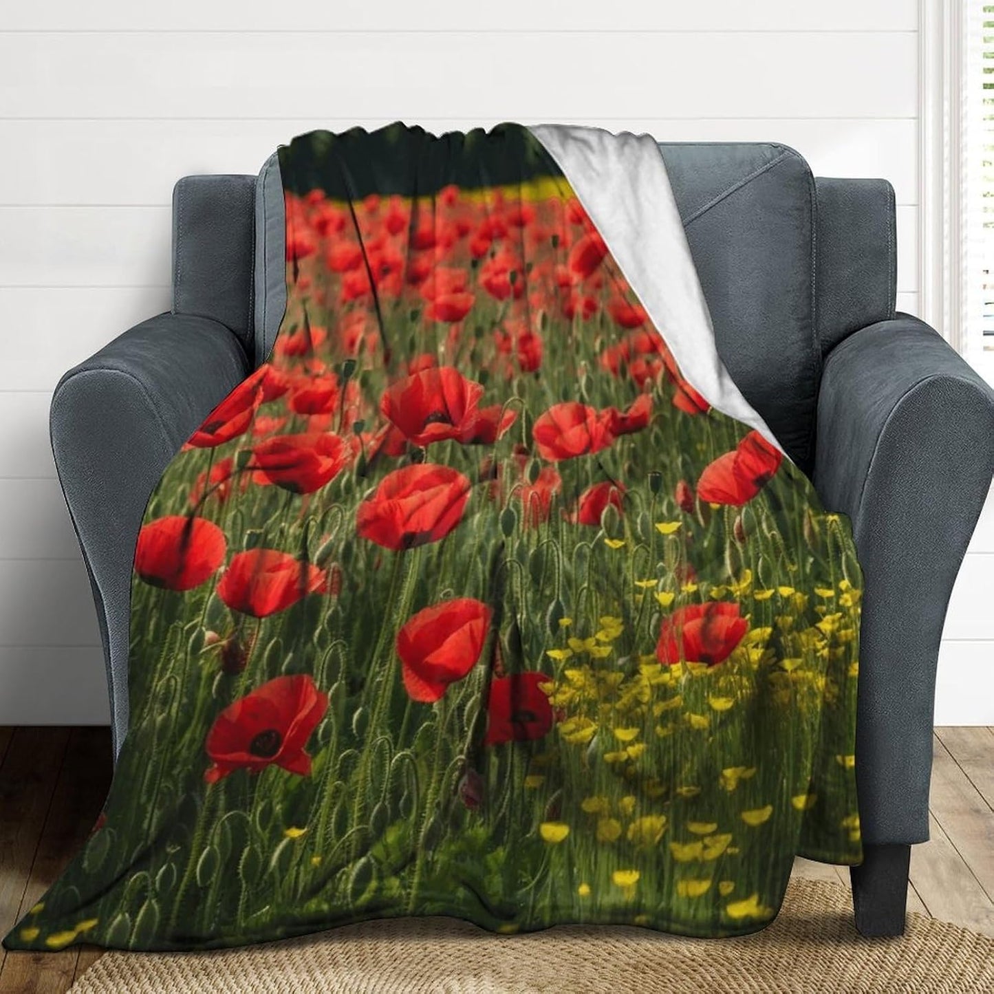 Red Poppy Field Farm Meadow Landscape Throw Blanket for Couch Super Soft Warm Lightweight Throw Blankets Cozy Flannel Bed Blanket Cute Decorative Blankets for All Seasons Home Decor Gift 30"*40"（76*10