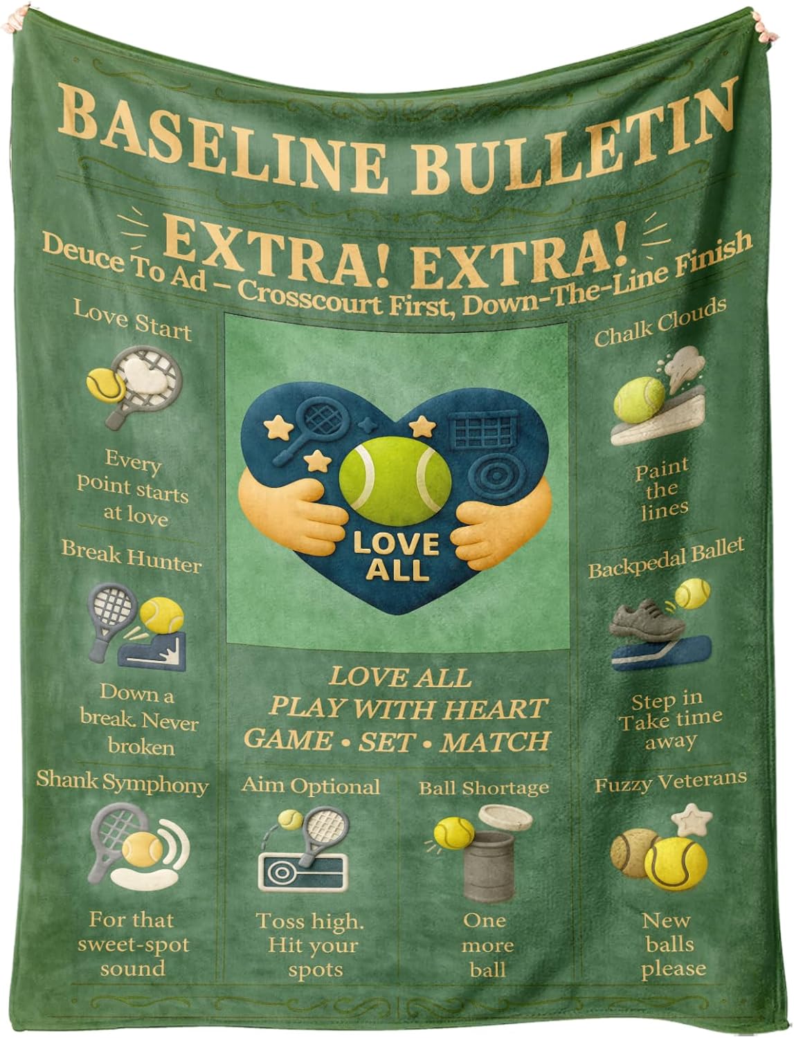 Tennis Throw Blanket 60x50in, Flannel Fleece – Green Court Heart Design, Soft Warm Couch Bed Decor, Gift for Tennis Lovers, Coach Appreciation, Sports Room Decor