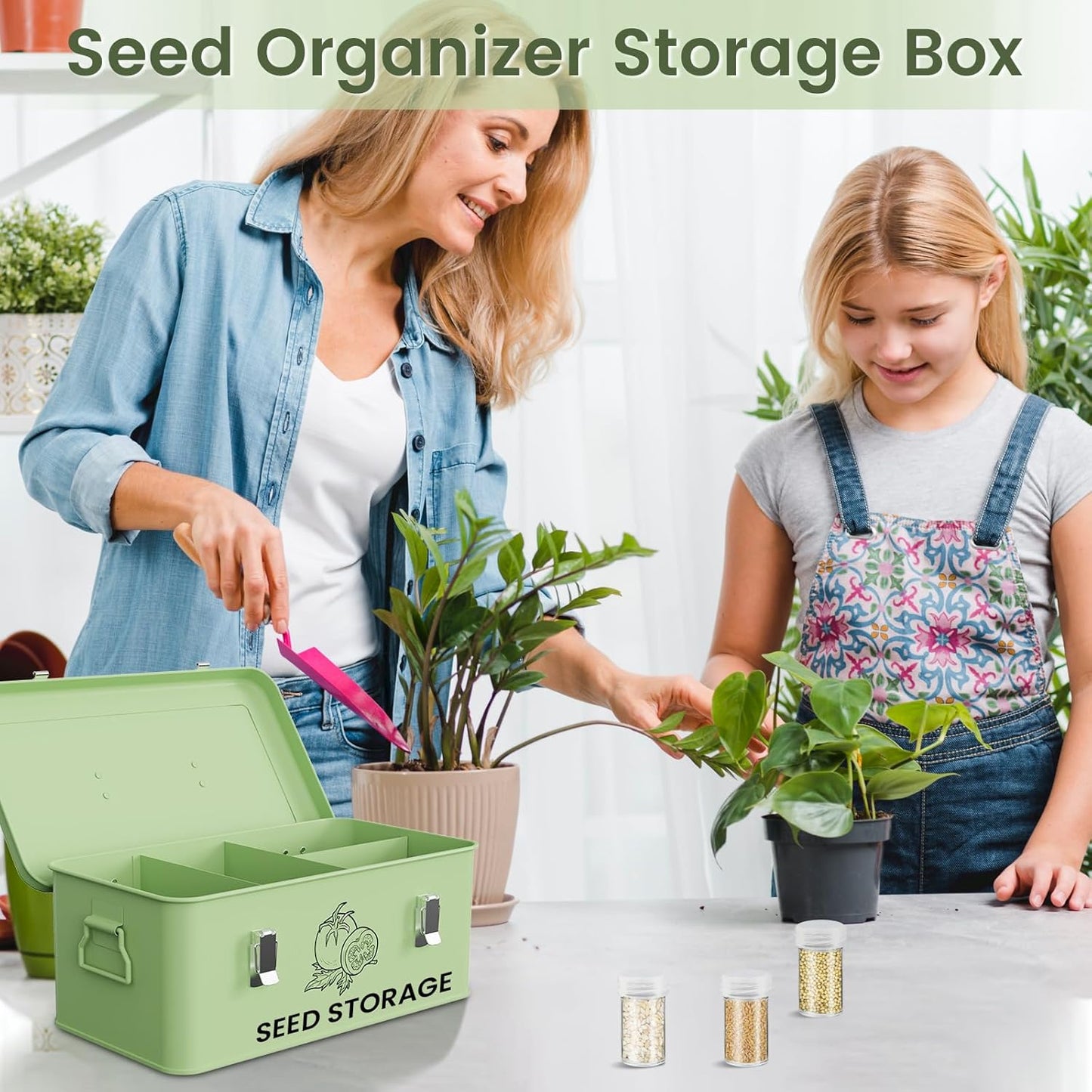 Seed Storage Organizer Box, Metal Seed Box, Garden Seed Organizer with Lid, Seed Containers Storage with 4 Compartments, 30 Seed Holder Organizers, 100pcs Seed Envelopes (Green)