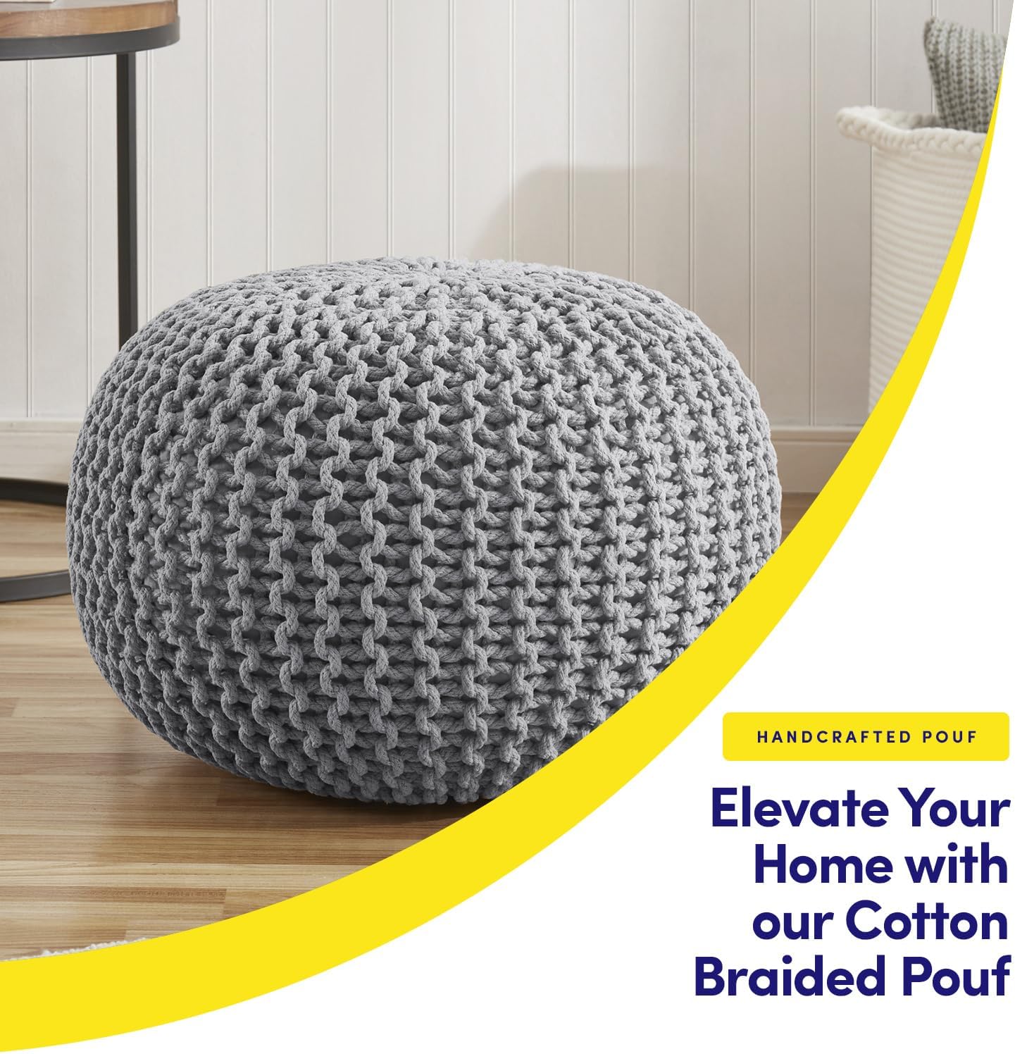 Pouf Ottoman Foot Rest Stuffed – 20” Diameter x 14” Tall Cozy Floor Pouf for Living Room, Bedroom, Nursery & More – 100% Cotton Knit Shell, EPS Bead Filled Footrest & Accent Chair, Gray