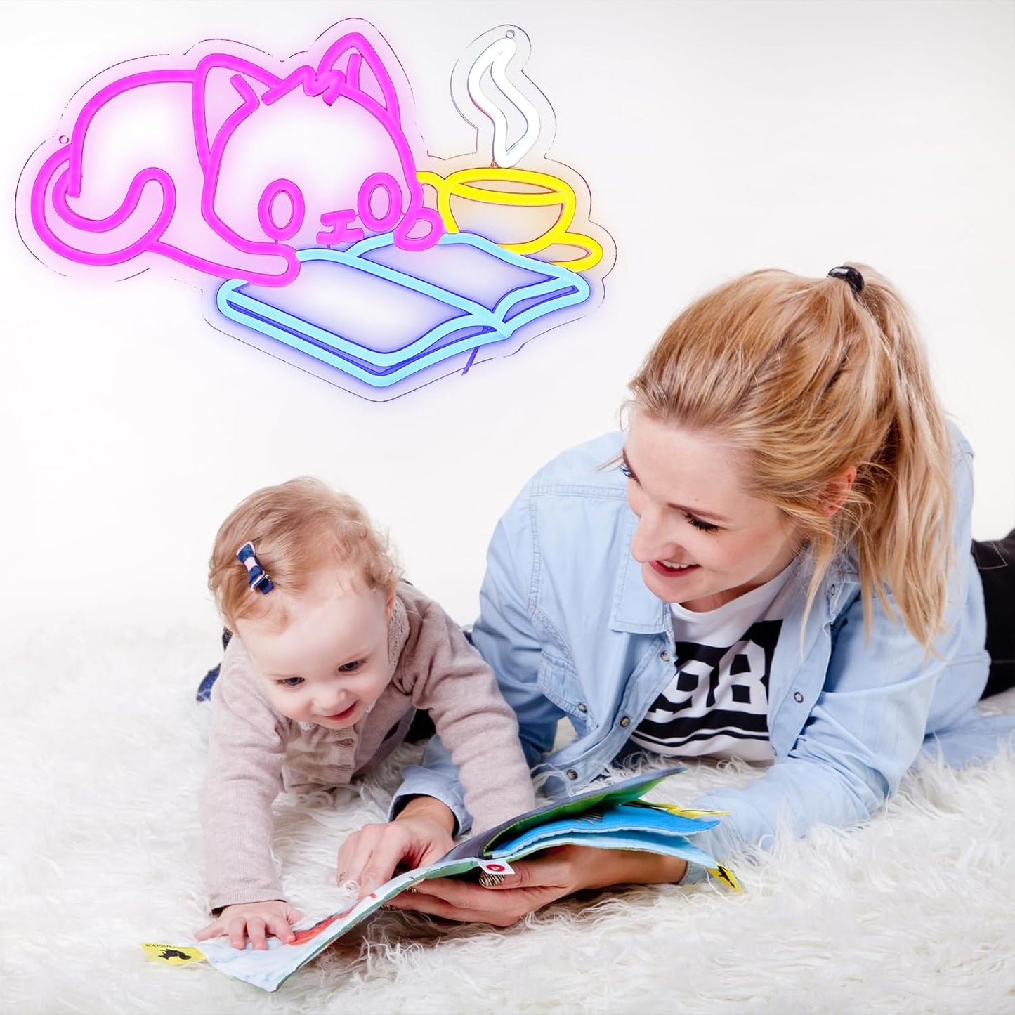 Cat Reading Book Neon Sign for Wall Decor, Cute Cat Led Signs for Library, USB Dimmable Neon Lights for Classroom Reading Cafe Corner Bedroom Study Room Home Book Club Motivational Wall Art