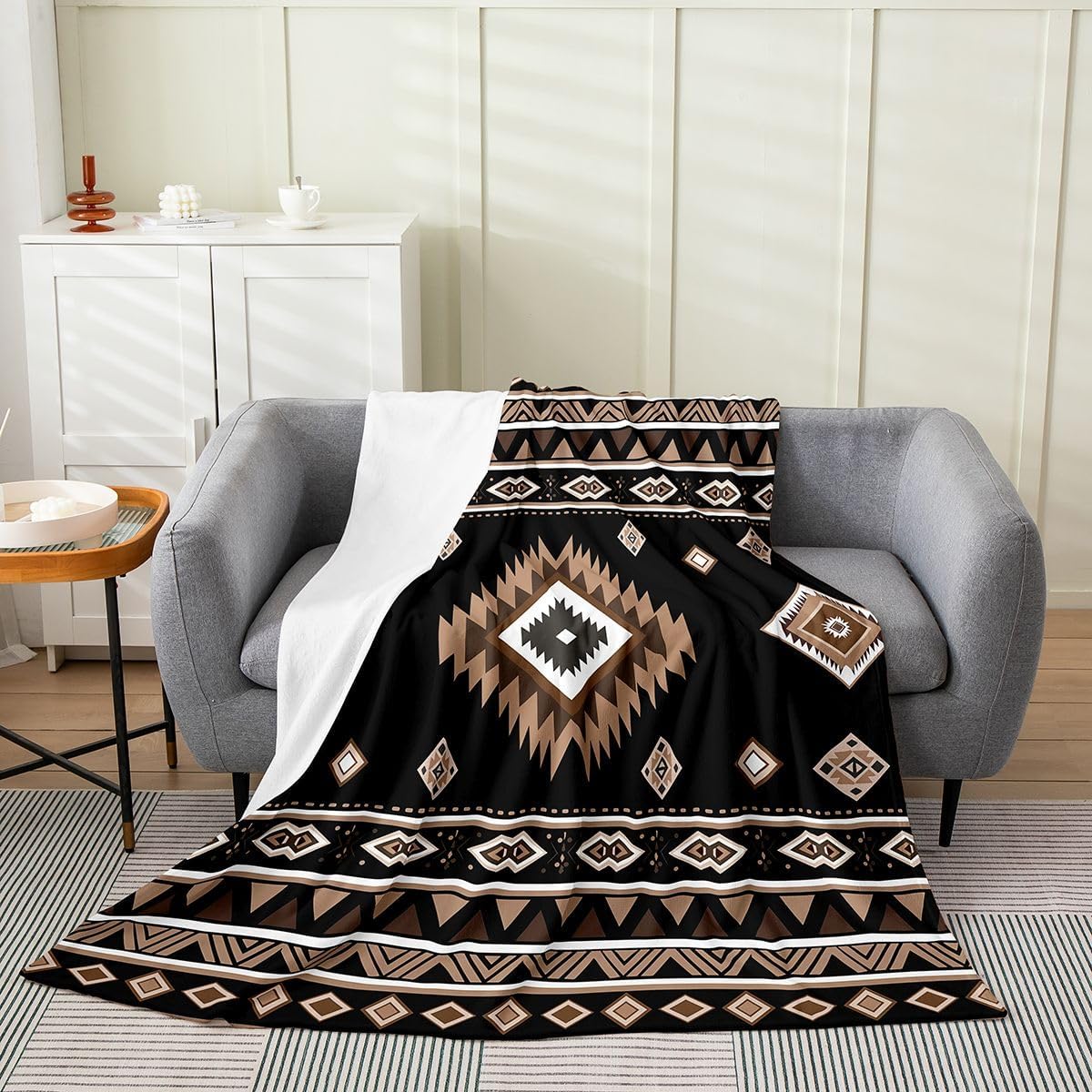 Feelyou Boho Aztec Flannel Fleece Throw Blanket Western Bohemian Fuzzy Blanket Black Brown All Season Plush Soft Rhombus Geometric Throw 50"x60" for Sofa Couch