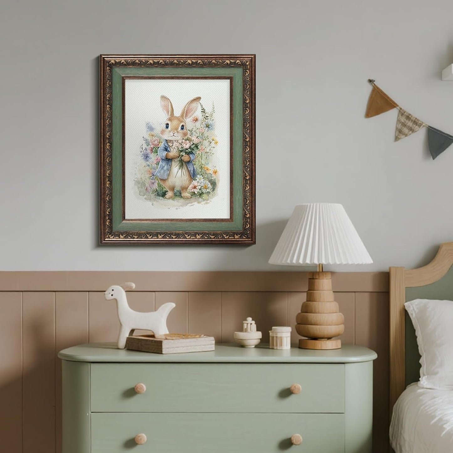 HUARCEY Bunny with Bouquet Canvas Wall Art Vintage Relief Gold Framed, Cute Rabbit Wildflower Meadow Print Rustic Floral Artwork, Farmhouse Animals for Easter Mother's Day Decor Gift 13"×16"
