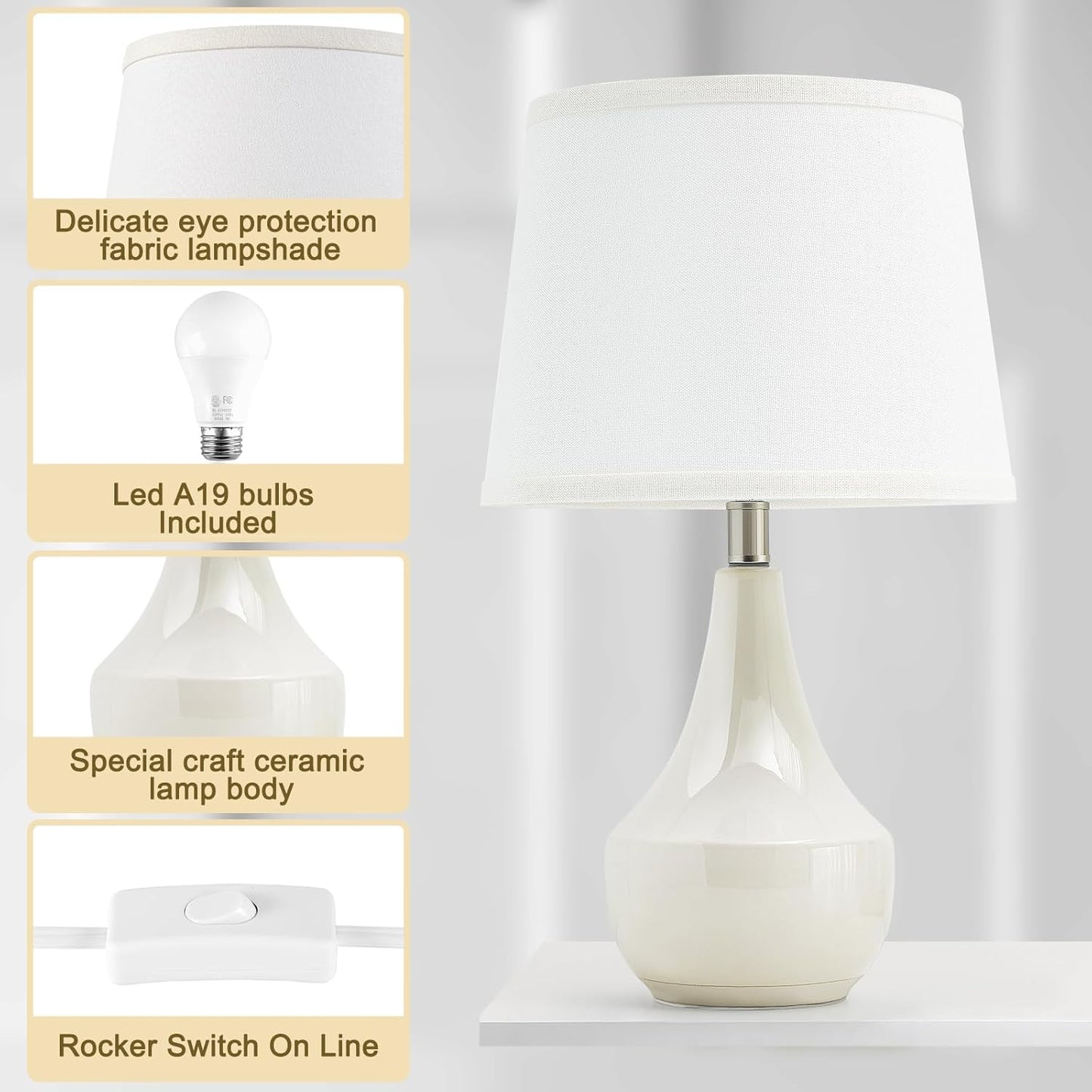 GyroVu 18" Table Lamp Set of 2, Ceramic Table Lamp Classic Beside Lamps Nightstand Lamp Modern Lamp for Living Room, Bedroom & Office Rocker Swtich Cream-LED Bulbs Included