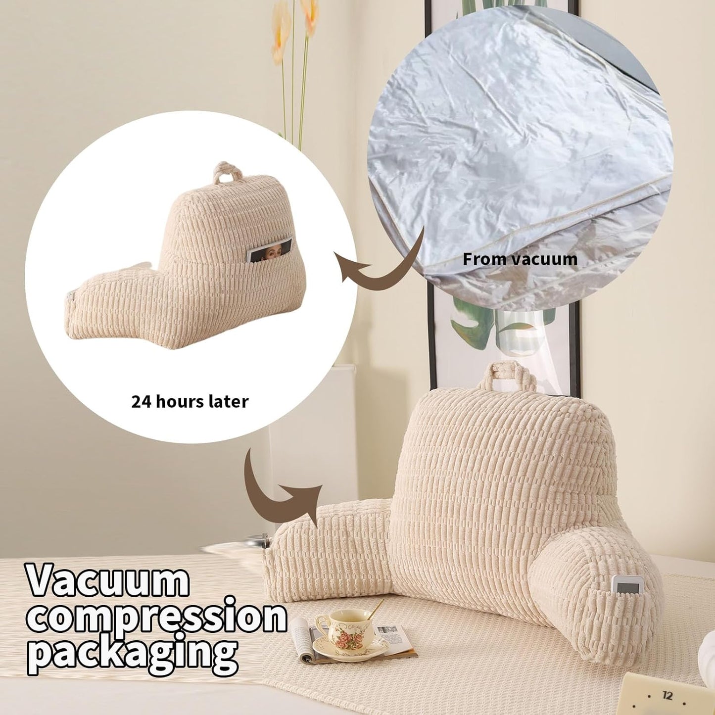 Reading Pillow for Sitting in Bed,Large Backrest Reading Pillow with Arm Rest,Back-Rest Support Cushion for Sit Up on Couch,Sofa,Floor,Dorm Essentials(Cream Corduroy,Large(19"))