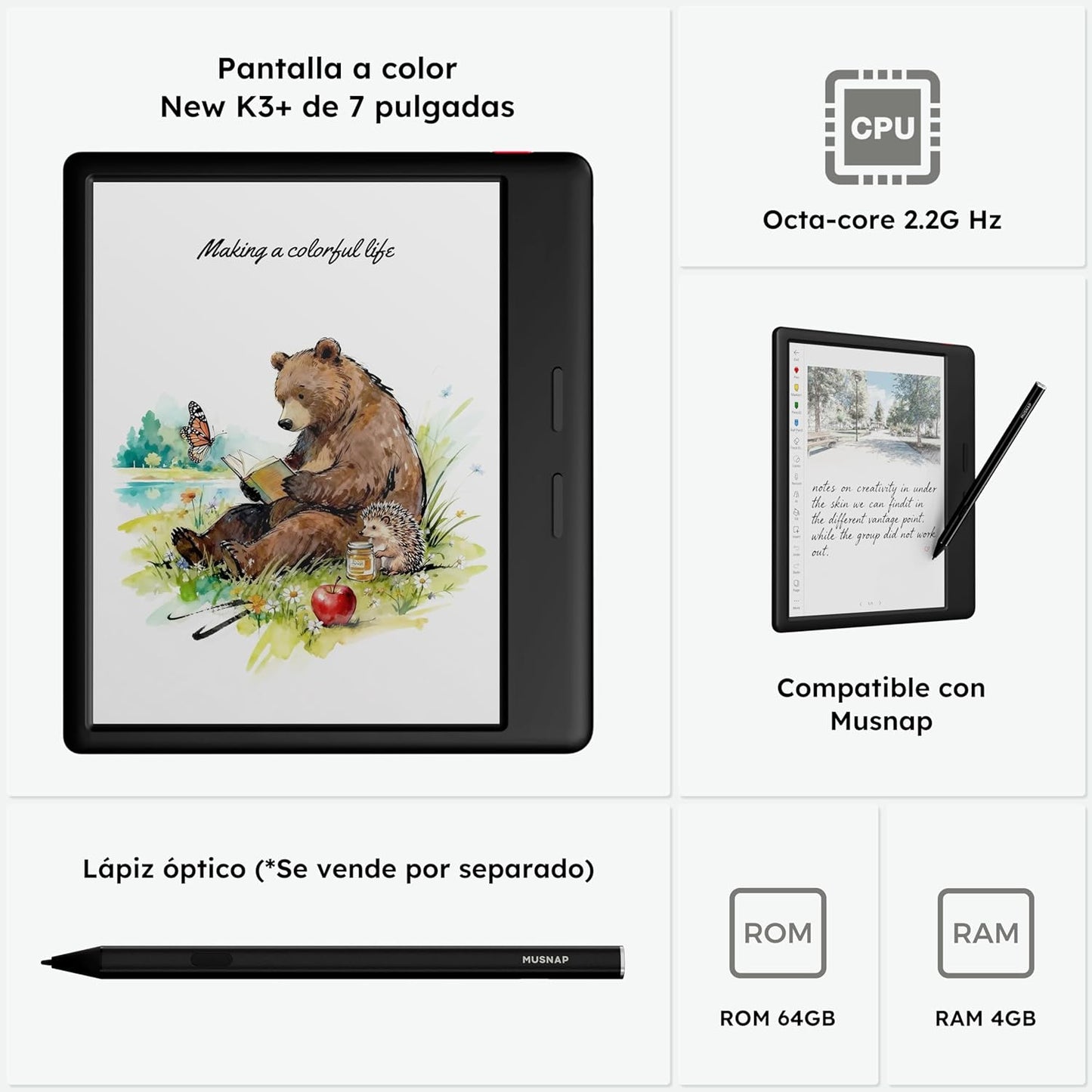 Ocean C 64GB+4GB 7” Color eBook Reader Supports Handwriting, 7” Color E-Ink Paper Tablet with Long Battery Life for Reading and Writing (Not Included Musnap Stylus Pen)