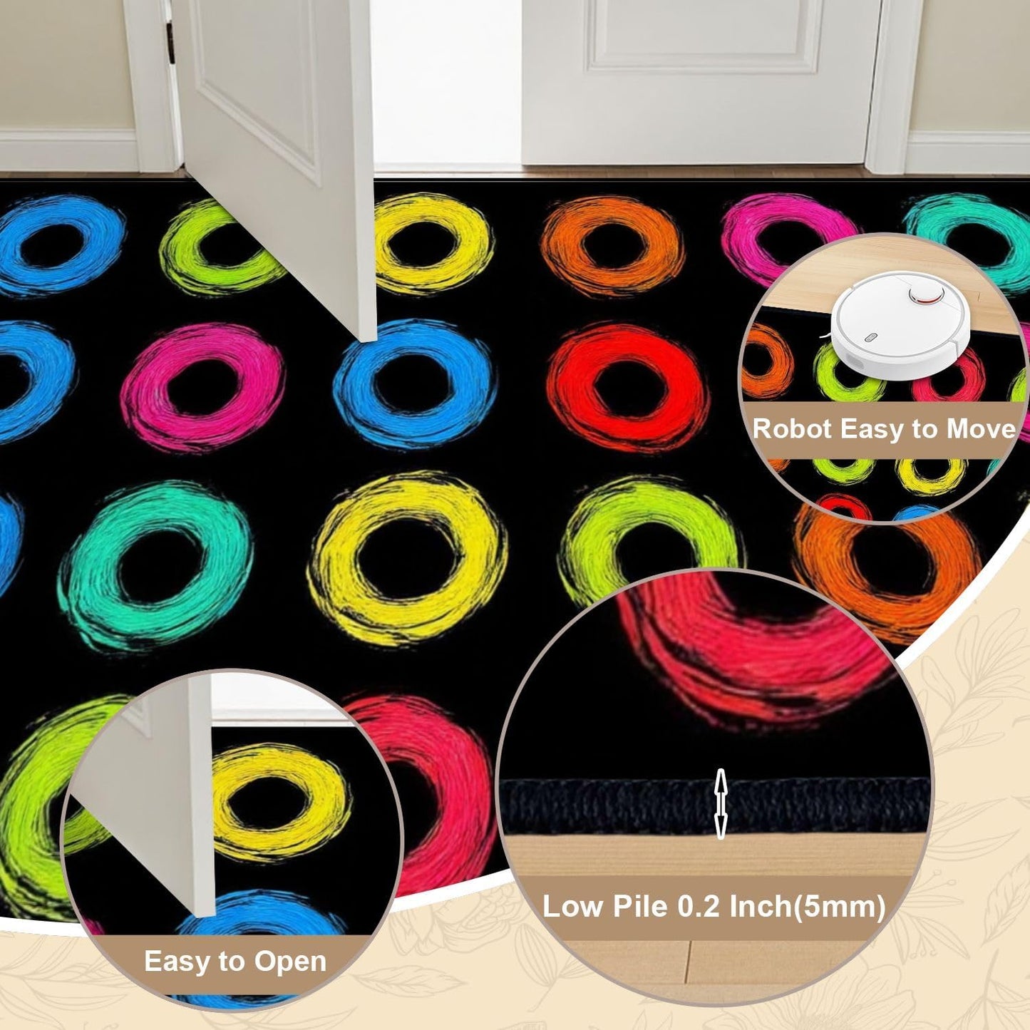 9x12 Area Rugs for Classroom Boho Washable Rug for Playroom Abstract Black Colorful Handpainted Circles Rings Geometric Carpet for Kids Soft Rubber Backed Non-Slip Carpets for School Learning Room