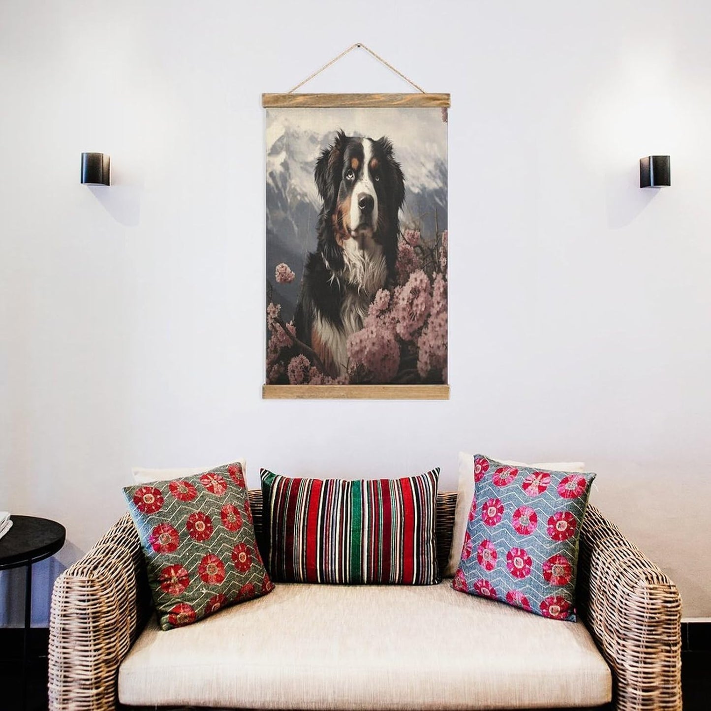 Vintage Bernese Mountain Dog Poster with Wooden Frame Personalized Linen Hanging Scroll Painting Rustic Wall Hanging Illustrative Modern Artwork Decor for Home Living Room Bedroom Office