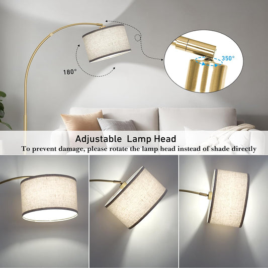 Gold Arc Floor Lamp for Living Room, Floor Lamp with Adjustable Drum Lampshade, Modern Tall Standing Lamp with Foot Switch, Over Couch Arched Pole Lamps for Reading Bedroom, 8W LED Bulb Included