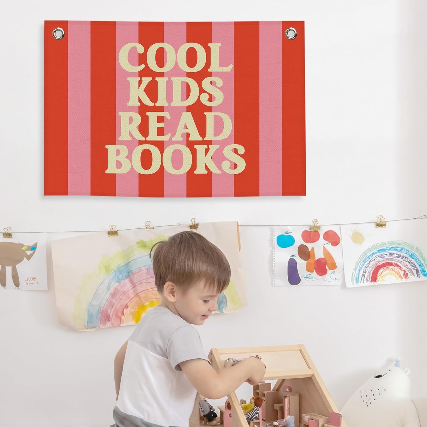 Reading Classroom Kids Banner Canvas, Cool Kids Read Books Decor,Retro Red Pink Library Hanging Flag Sign,Nursery Wall Tapestry Art for Dorm Toddler Room School Reading Corner Bedroom 20x30in