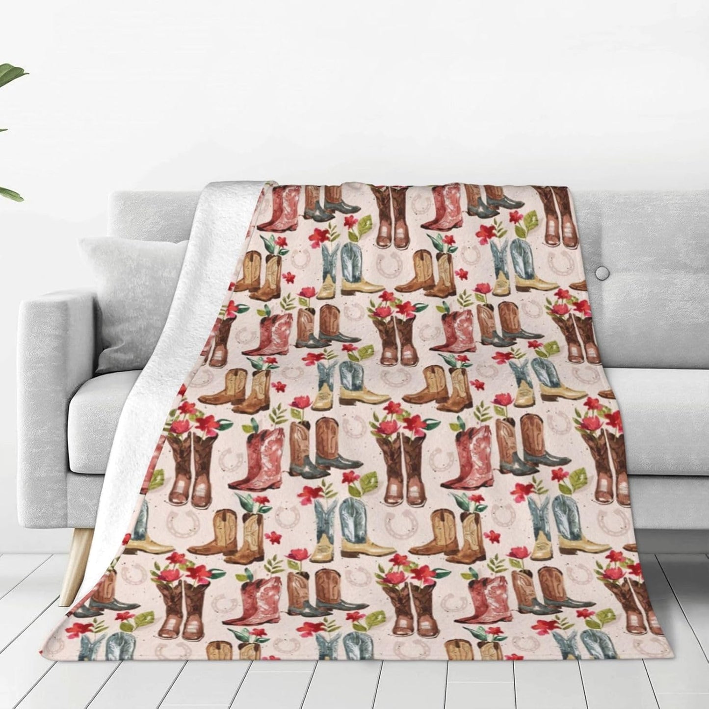 Western Cowboy Blanket Country Cowboy Boots Throw Blanket Super Soft Cozy Plush Lightweight Fleece Flannel Flower Decor Blanket Gifts for Girls Boys Women Men Adults for Sofa Couch 50"X60"