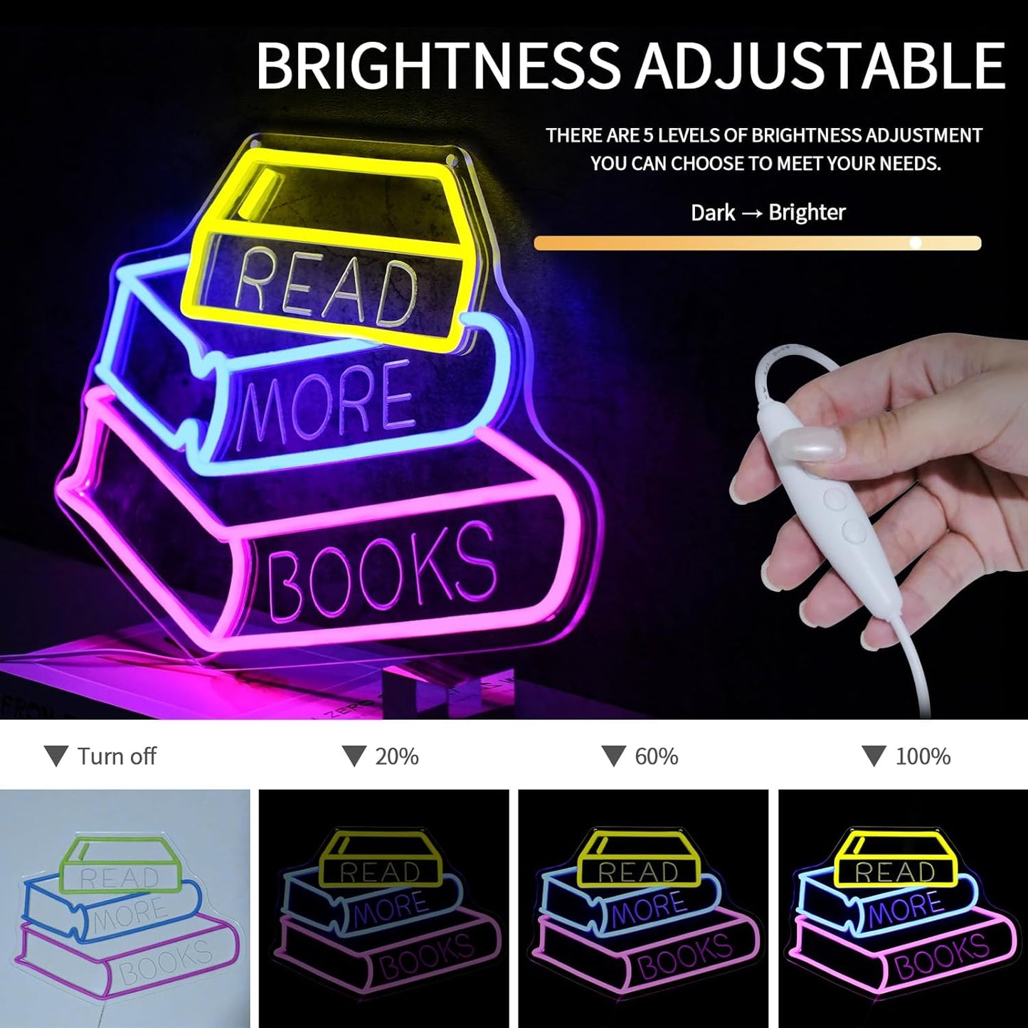 Read More Books Neon Sign for Wall Decor Dimmable Books Led Neon Lights Signs Book Lovers LED Signs for Bedroom Classroom Bookstore Library Club Reading Room Decoration Gifts for Readers
