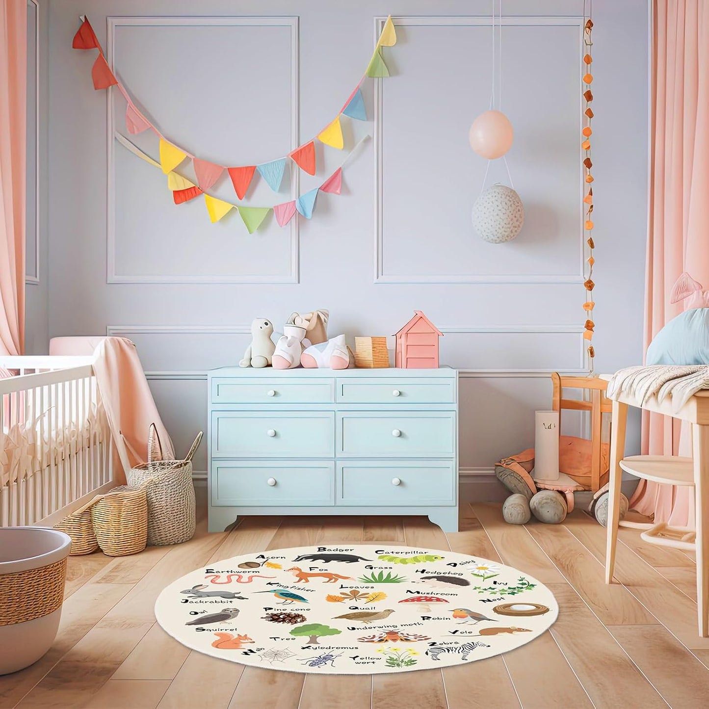 Capoda Alphabet Round Rug for Playroom Learning Alphabet Mat Woodland Animal Carpet Education Crawling Rug for Nursery Toddler Kids Bedroom Reading Corner Decor Supplies, 40 Inch