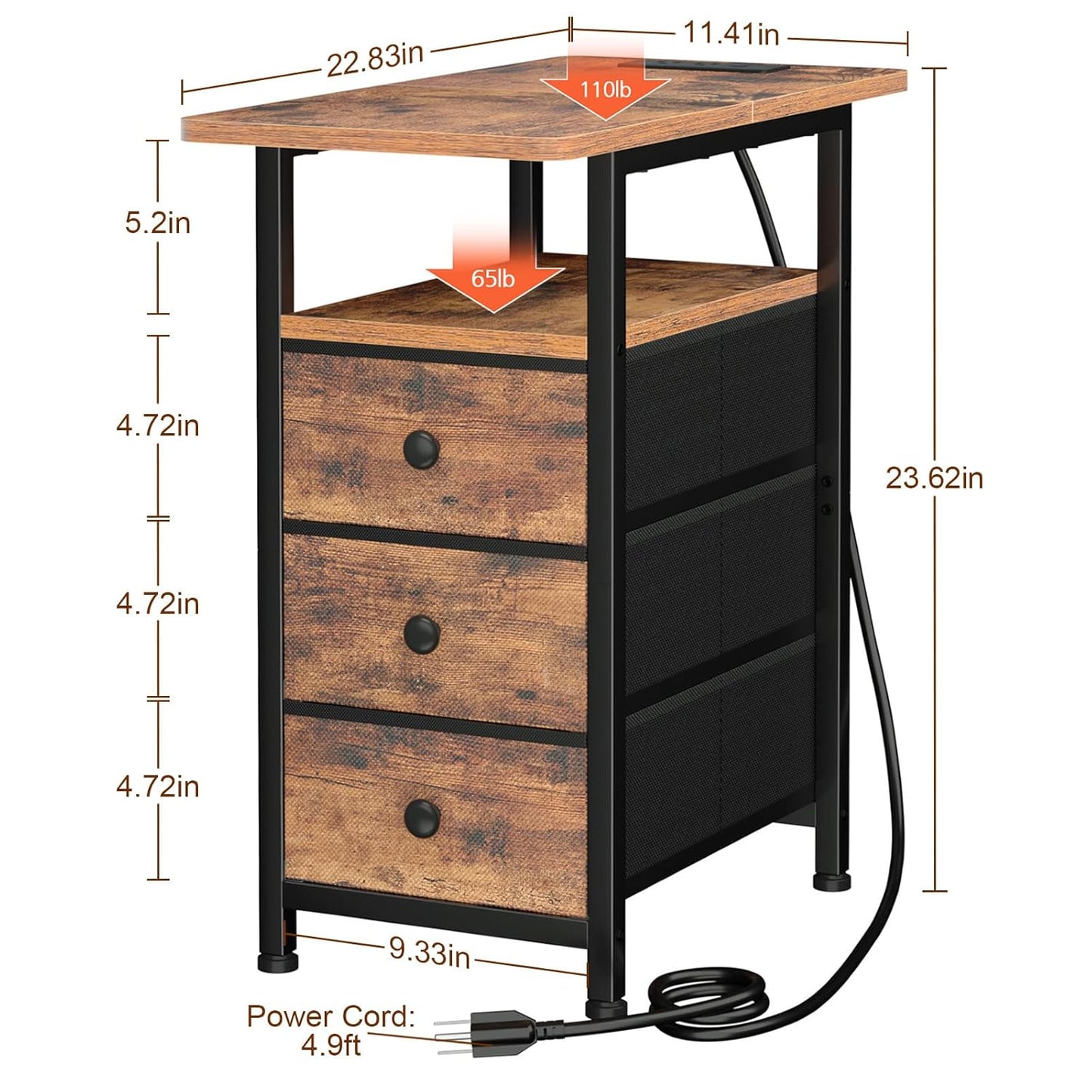 AMHANCIBLE End Tables Living Room with Charging Station, Narrow Side Table with USB Ports and Outlets, Slim Nightstand with 3 Fabric Drawers for Bedroom, Small Space, Rustic Brown, HETN013BR-1