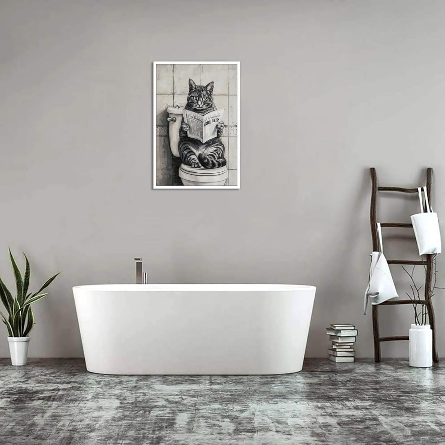 Black And White Bathroom Canvas Wall Art Funny Cat Reading Newspaper Poster Retro Abstract Cute Animal Picture Prints Painting For Home Bathroom Toilet Restroom Wall Decor 12x16in Unframed