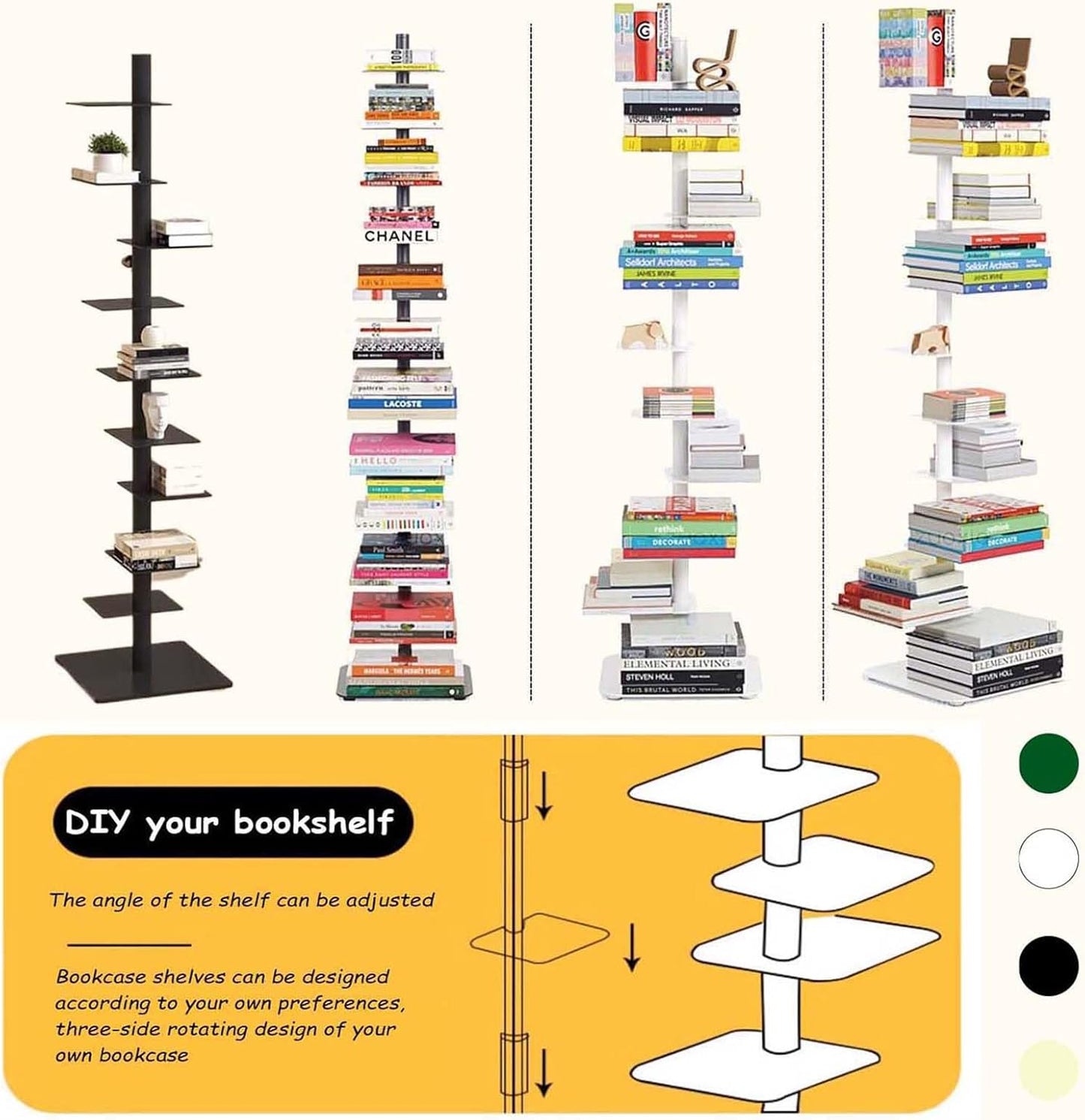 Modern Metal Spine Bookshelf - 9-Tier Spinning Book Tower, Tall Narrow Bookcase, Vertical Floating Shelf, Rotating Display for Small Spaces, Floor Standing Bookcase Storage Solution