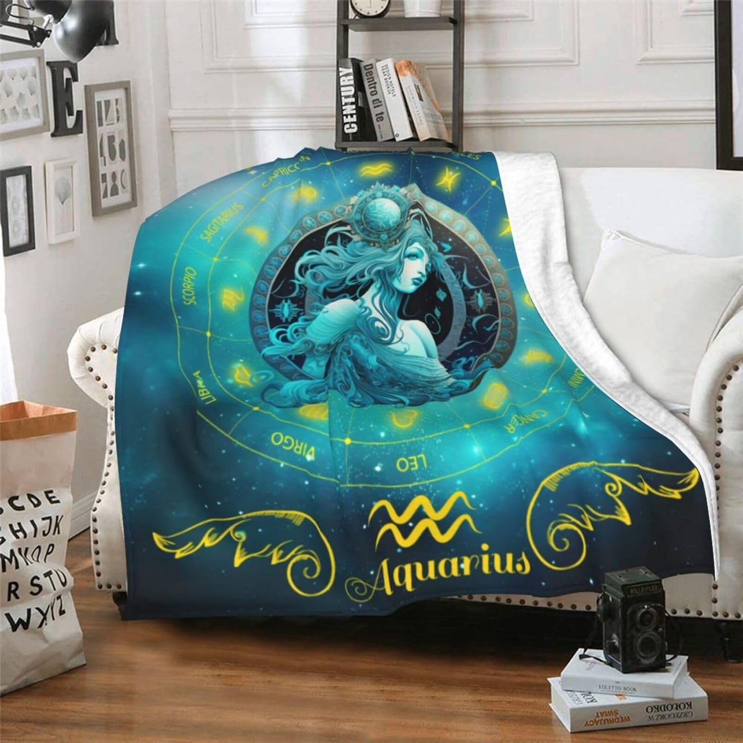Aquarius Zodiac Blanket, 50" x 40" Flannel Stars Astrology Themed Stuffed Vibrant Throw, Soft Nap Throw Blanket for Home Boys Girls Women Horoscope Lovers Gifts