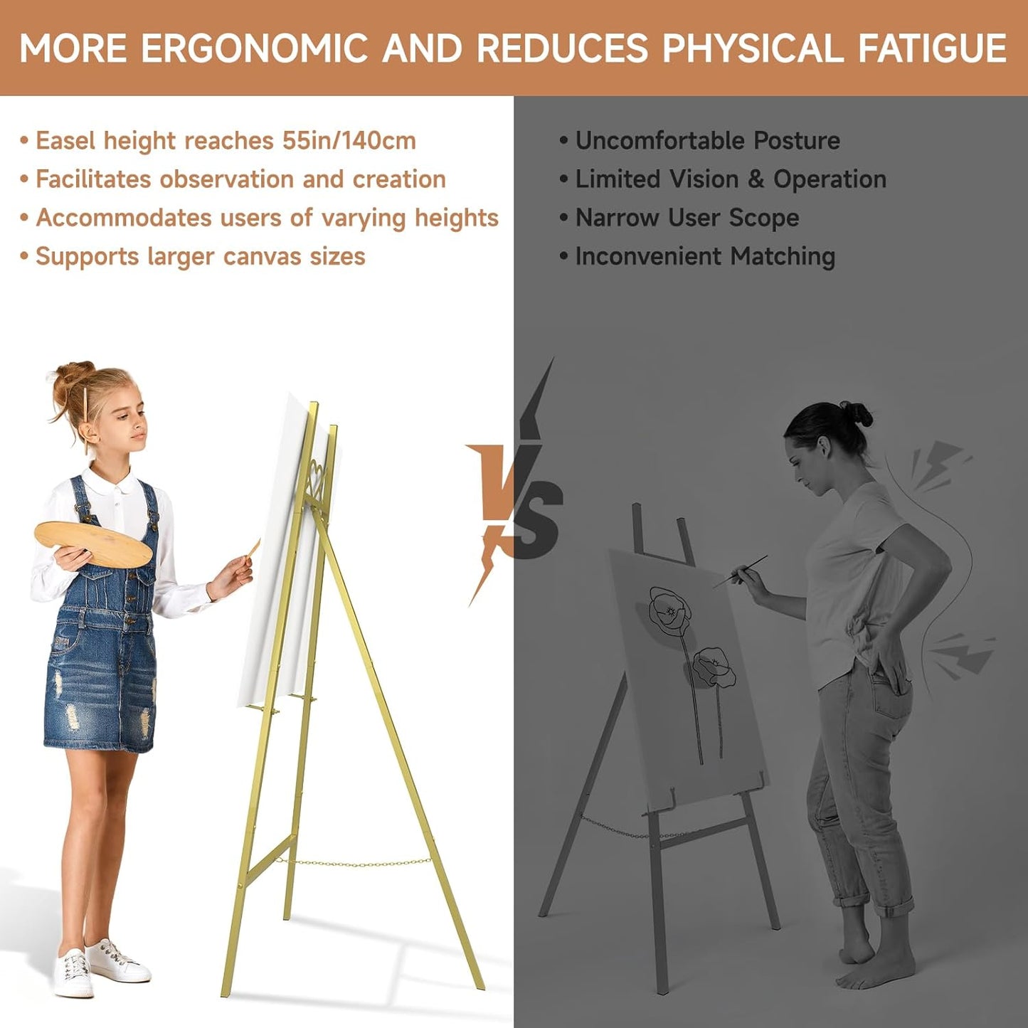 55" Gold Easel Stand for Sign, Heavy Duty Display Easel with Adjustable Chain, Heart-Shaped Envelope Design Art Easel for Paintings, Wedding Sign, Posters, Mirrors, Artwork Etc