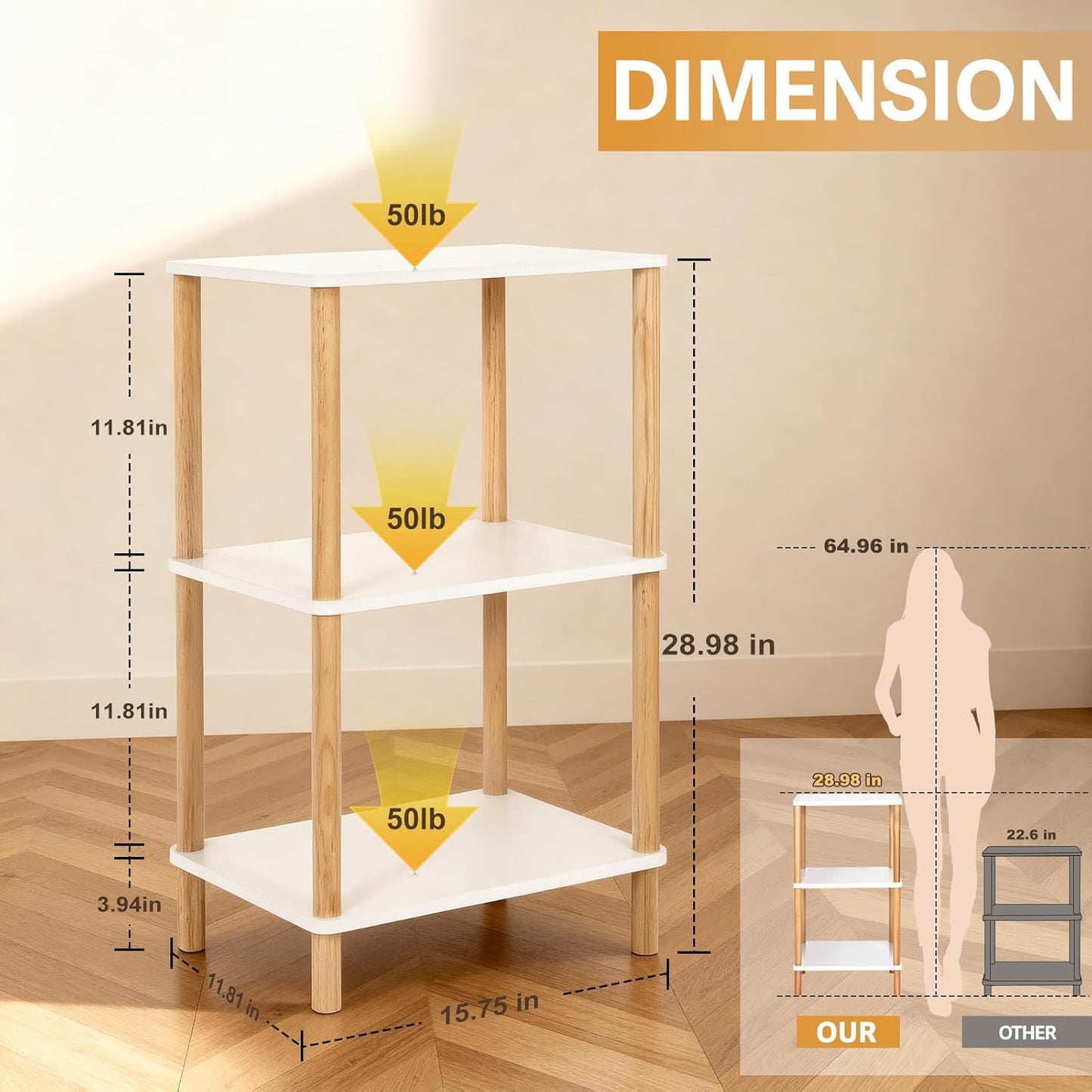 YGYQZ 3 Tier End Table，Tall Side Table with Solid Wood Legs，Small Bedside Table with Storage Shelf，Nightstand for Small Spaces，Living Room,Bedroom，29 in Hight,No Tool Installation,White+Natural