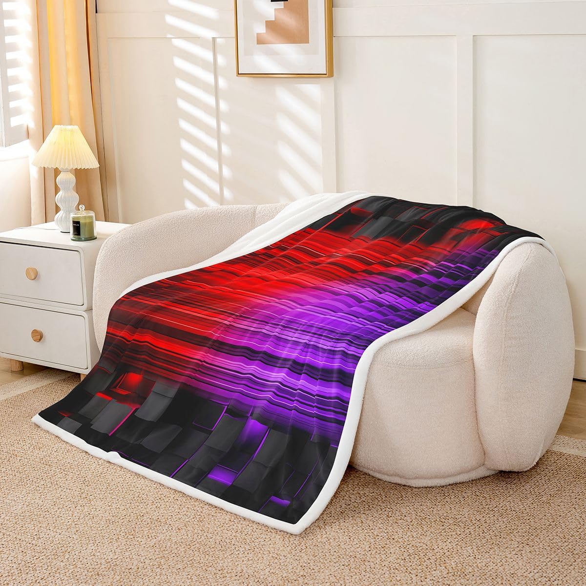 Feelyou Red Purple Sherpa Throw Blanket for Couch Geometric Super Soft Cozy Fleece Modern Abstract Art Blanket for Winter, Plush Throw Luxury Baby 30"x40" Strip Lines All Season