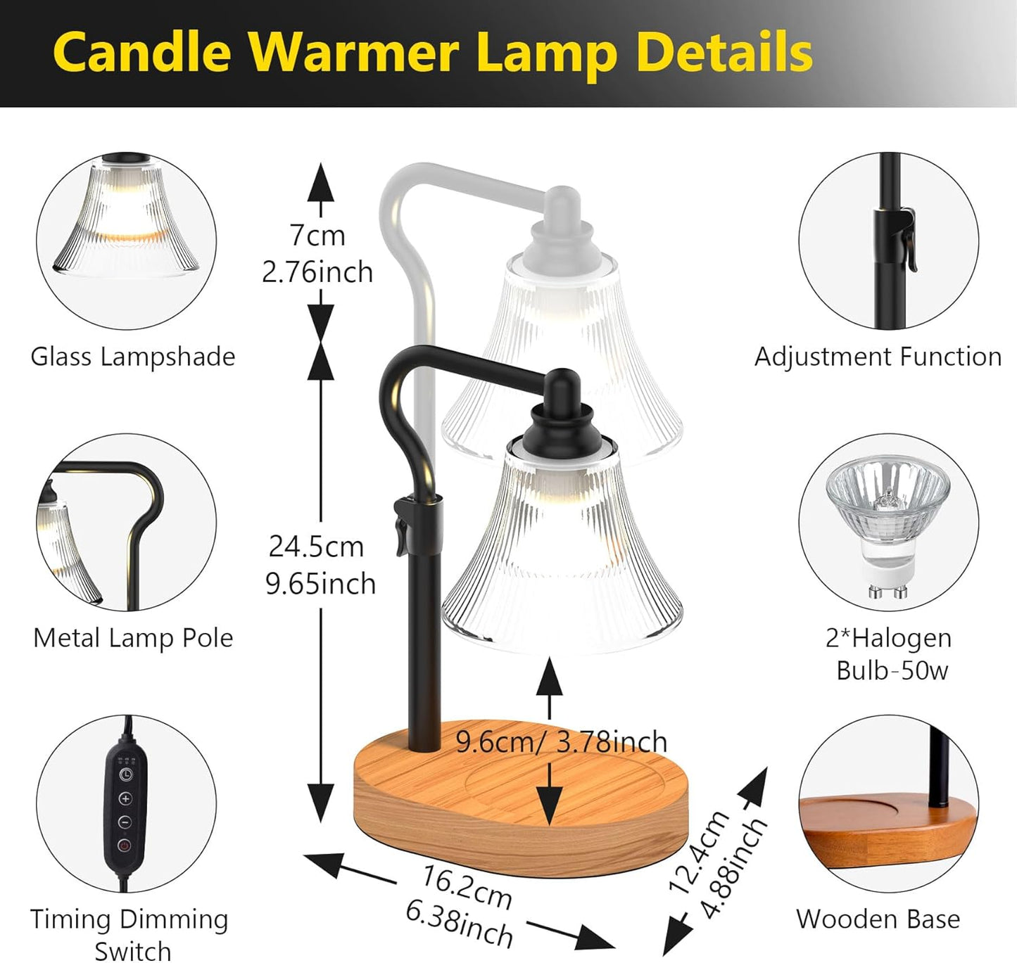 Flameless Candle Warmer Lamp, Candle lamp Warmer with Timer, Dimmable/Adjustable Height Electric Candle Warmer, Wooden Electric Wax Melt with 2 Bulbs for Scented Jar Candles Home Decor Christmas Gifts