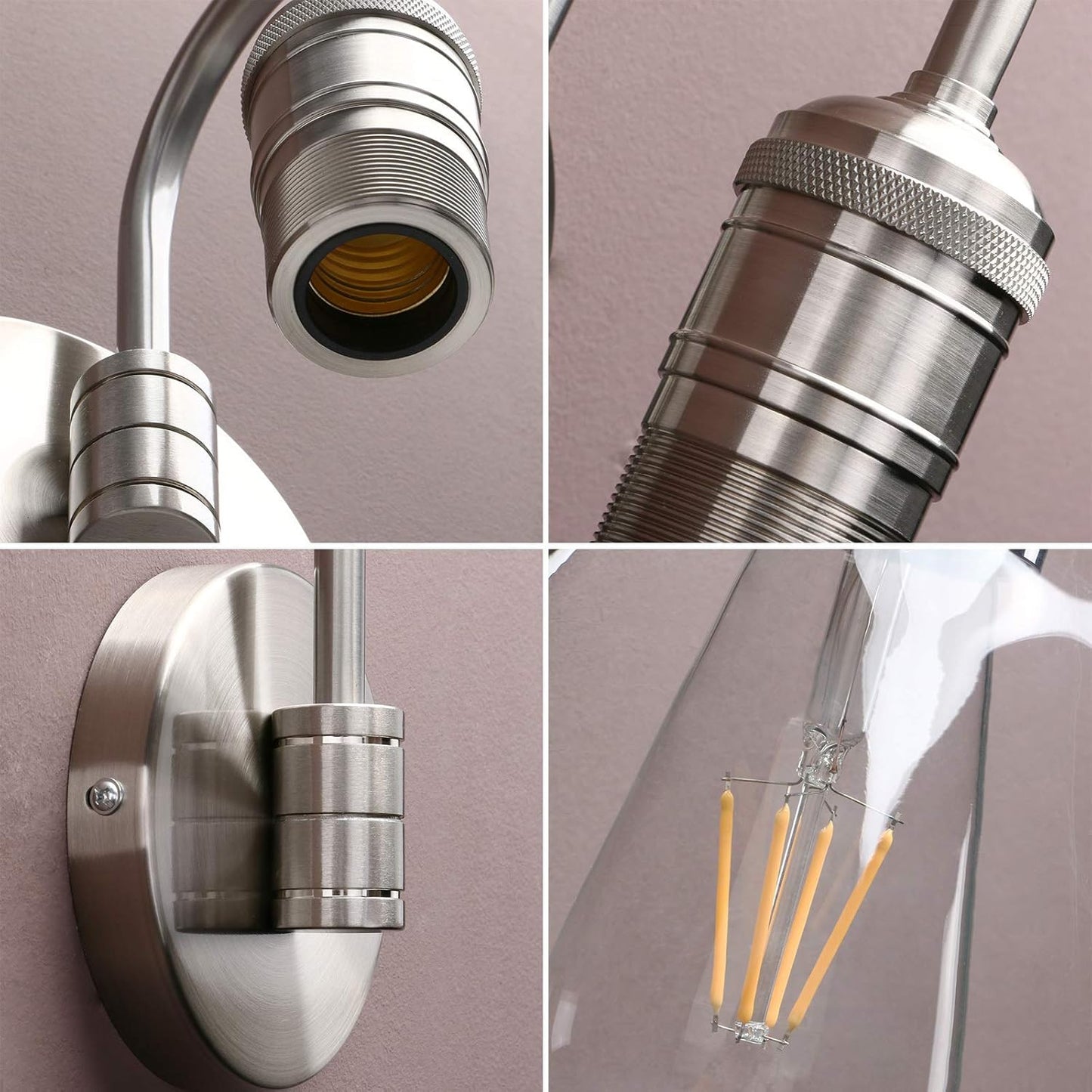 Yosoan 1-Light Brass Modern Vintage Indoor Wall Sconce, Vanity Single Luxury Hardwired Retro Textured Clear Funnel Flared Glass Shade with Industrial Curved Rod Bathroom Lamp(Brushed)