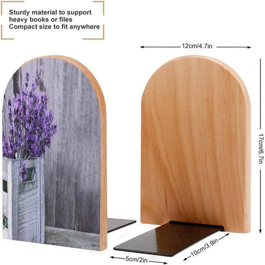 Purple Lavender Flower Wooden Bookend Non-Slip Book Ends Heavy Duty Book Stopper with Metal Base Books Holderd Decorative Bookends Stands Firmly for Office Supplies