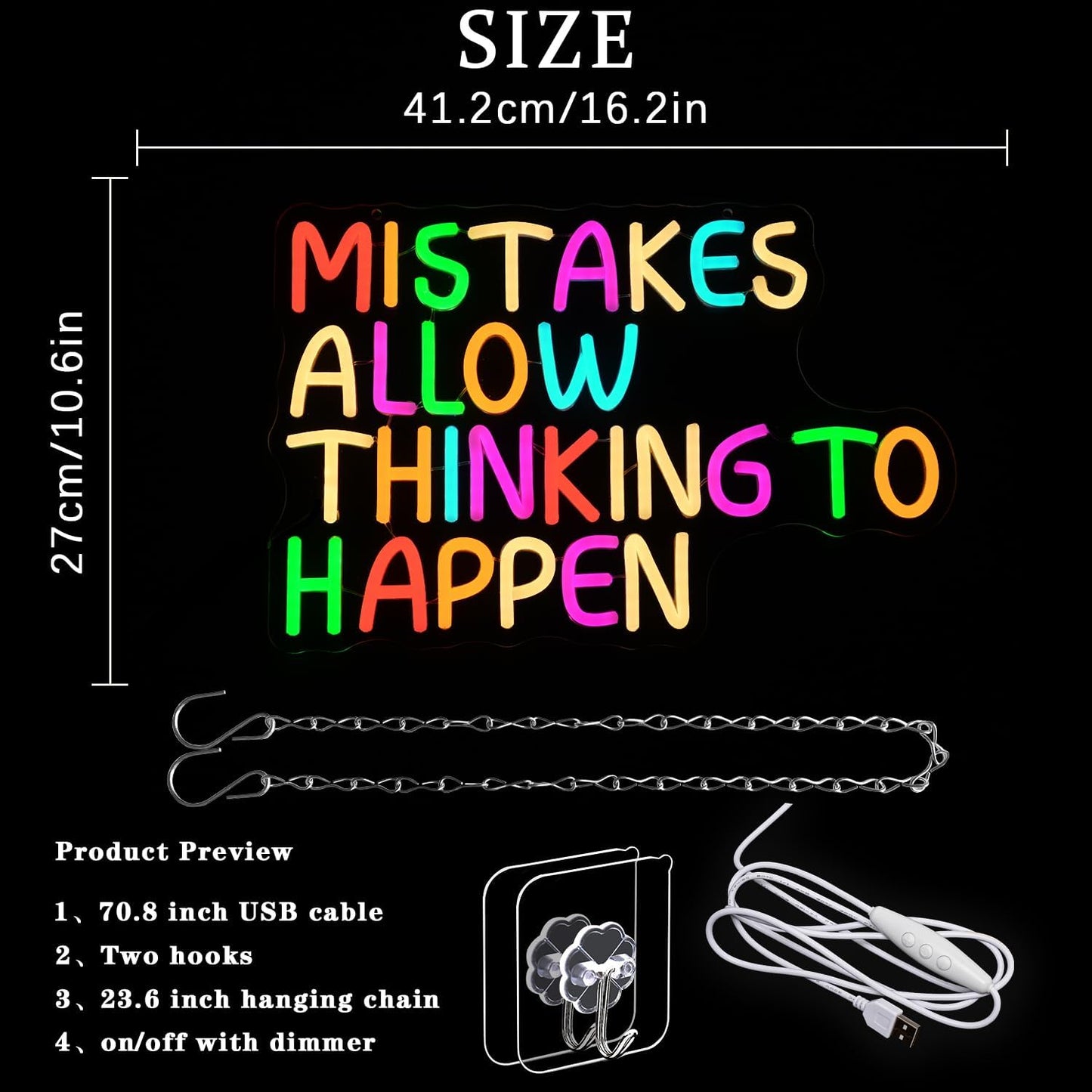 Mistakes Allow Thinking To Happen Neon Sign for Classroom Office Neon Light Colorful Letter Neon Light Sign Sayings Led Neon Lights for Office Classroom Bedroom Library Decoration