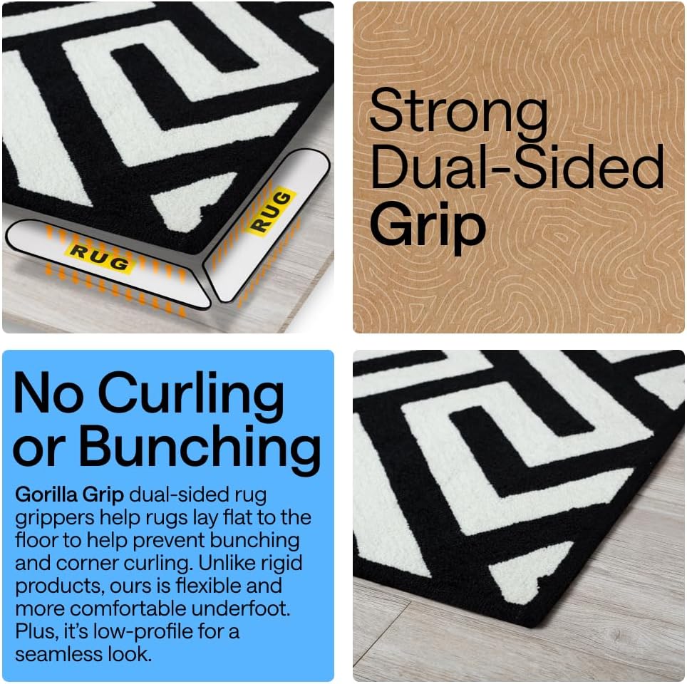 GORILLA GRIP Rug Gripper Pads Keep Area Rugs Corners from Curling, Reusable Double-Sided Stickers Holds Down Carpet in Place, Grips on Tile and Hardwood Floors Helps Prevent Sliding, Home Décor, 8 Pcs