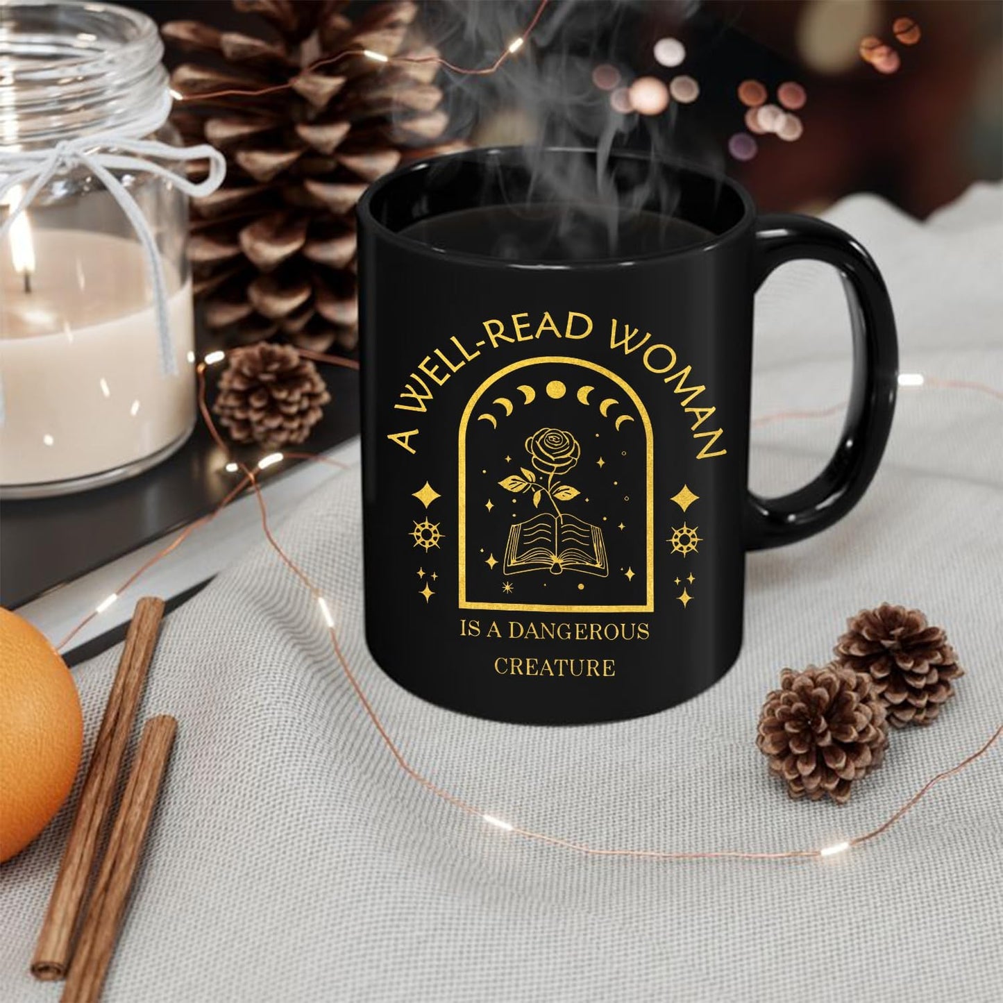 Witchy Moon Phase Floral Book Coffee Mug, Book Mugs for Books Lovers, Bookish Reader Librarian Gifts, Dark Academia Bookish Ceramic Coffee Tea Cup Mug 11oz