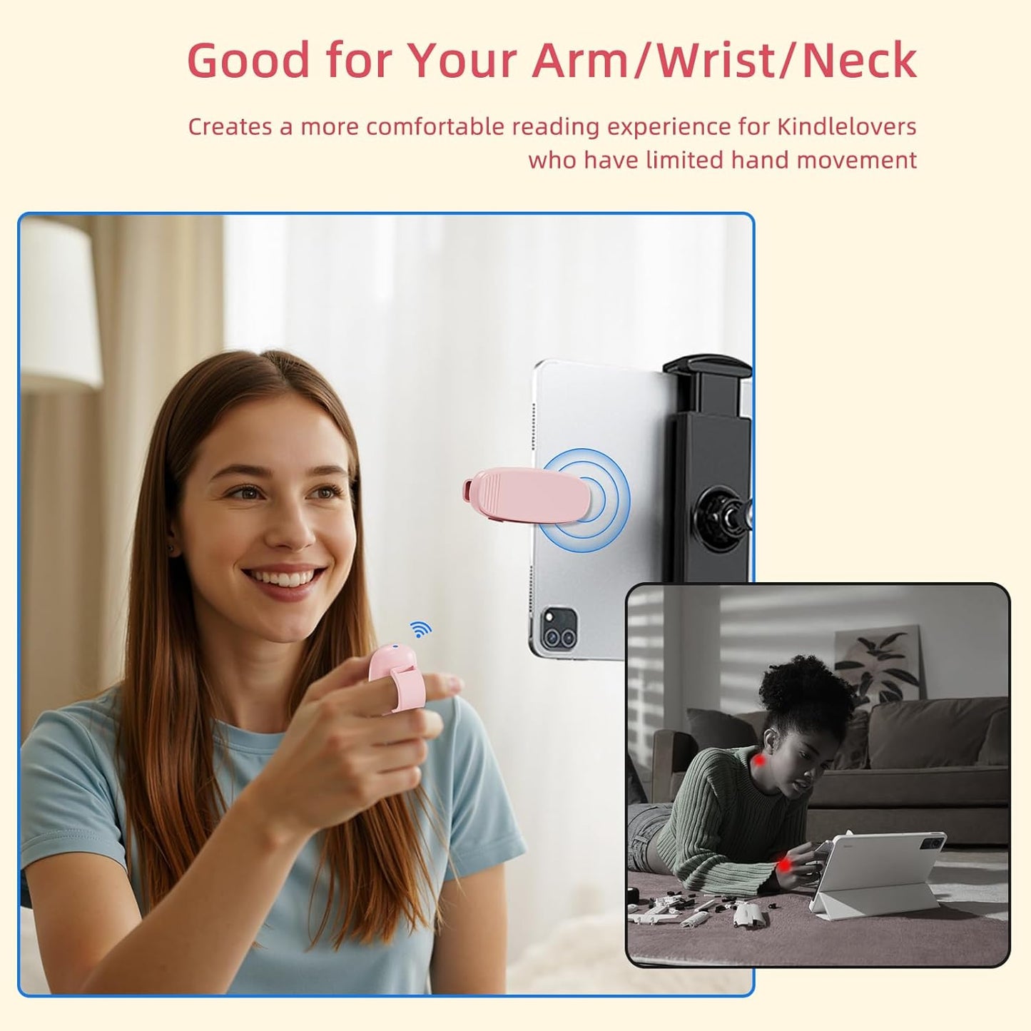 Kindle Page Turner Ring — Finger-Wear Click Controller for Comfortable One-Hand Page Turning, Ring Style Design for Reading in Bed or on The Couch（Pink）