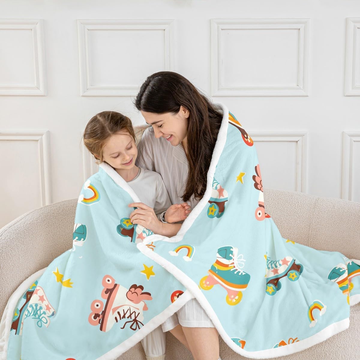 Manfei Skating Kids Throw Blanket,Roller Skates Winter Sports Games Bed Blanket for Boys Girls Adults,Rainbow Light Stars Cartoon Fleece Blanket,Blue Cute Fuzzy Blanket,Throw Size (50 x 60 Inches)