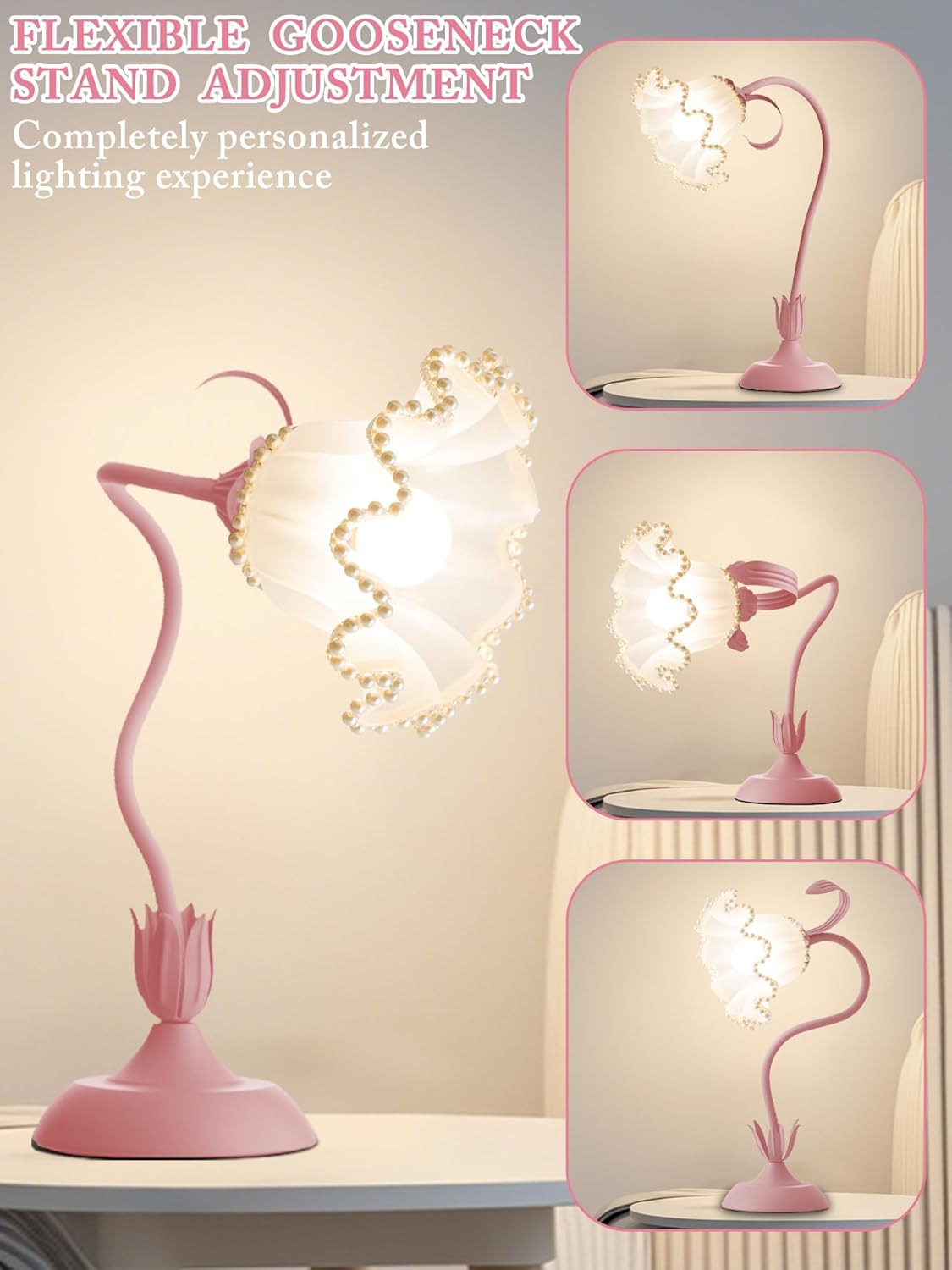 Flower Table Lamp,LED Reading Light Bedside Vintage Flower Night Light,3 Colors Modes Kawaii Bedside Lamps Decor,Living Room Bedroom Room Lighting Table Lamps Home Decoration (Pink Pearls)