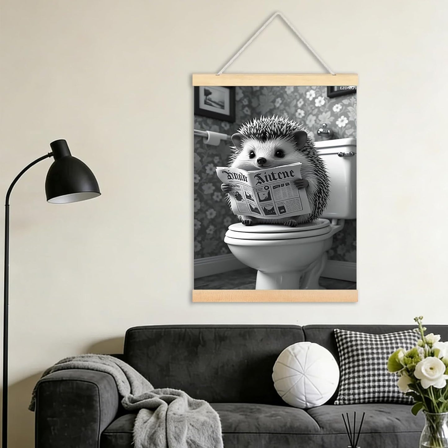 Hedgehog Sitting on Toilet Reading Newspaper Black and White Wall Art Funny Hedgehog Autumn Bathroom Framed Wall Decor 24x36 Inches