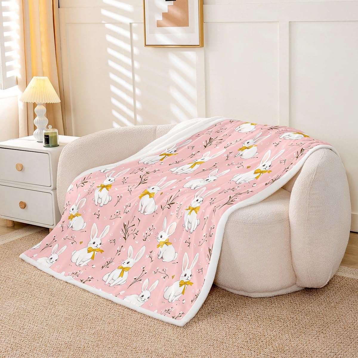 Cute Rabbit Throw Blankets Cartoon Bunny Pink Fleece Flannel Throws Boys Girls Lovely Little Floral Rabbit Decor Soft Cozy Fleece Blankets Botanical Animal for Sofa Bed Couch,40x50 Inches