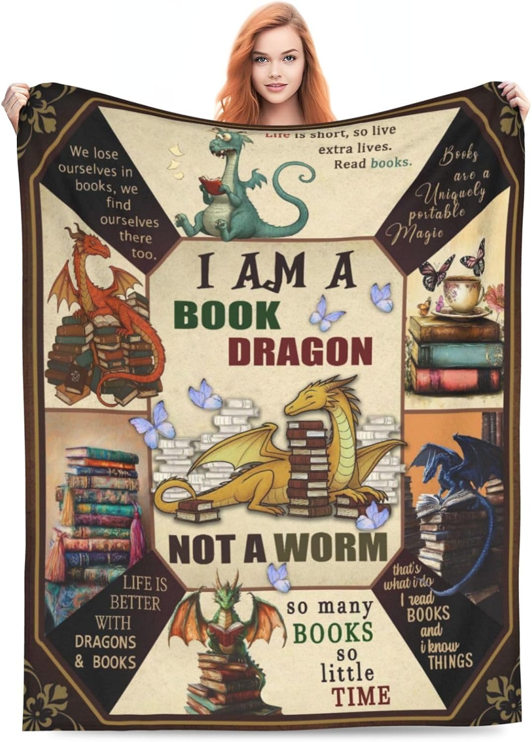 Dragon Blanket Dragon Reading Decor Throw Blanket Super Soft Flannel Lightweight Fluffy Plush Cozy Fuzzy Fleece Blanket Gifts for Book Lover Boys Woman Man Kids Adults for Bed Sofa 40"X50"