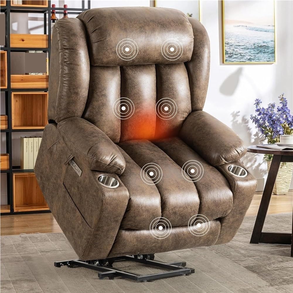Power Lift Recliner Chair with Massage & Heat – Overstuffed Wide Electric Recliner with Infinite Position Adjustment, USB & Type-C Ports, Cup Holders, Leather Living Room Seating for Adults