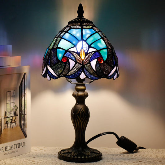 Small Tiffany Lamp Stained Glass Table Lamp Mini Desk Accent Light for Bedroom Bedside Reading Home Antique Style Decor 8X15 Inches (Green)