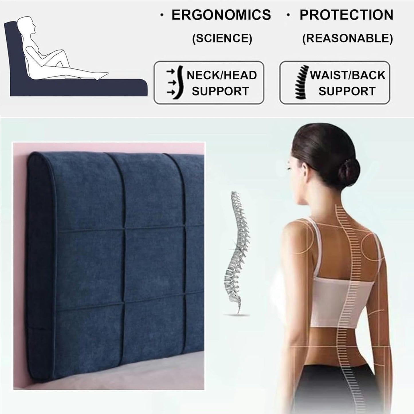 Large Headboard Cushion Wall Bolster Bed Rest Pillow Reading Pillow Lumbar Support Backrest for Dorm Room Daybed Bunk Bed Upholstered with Washable Cover