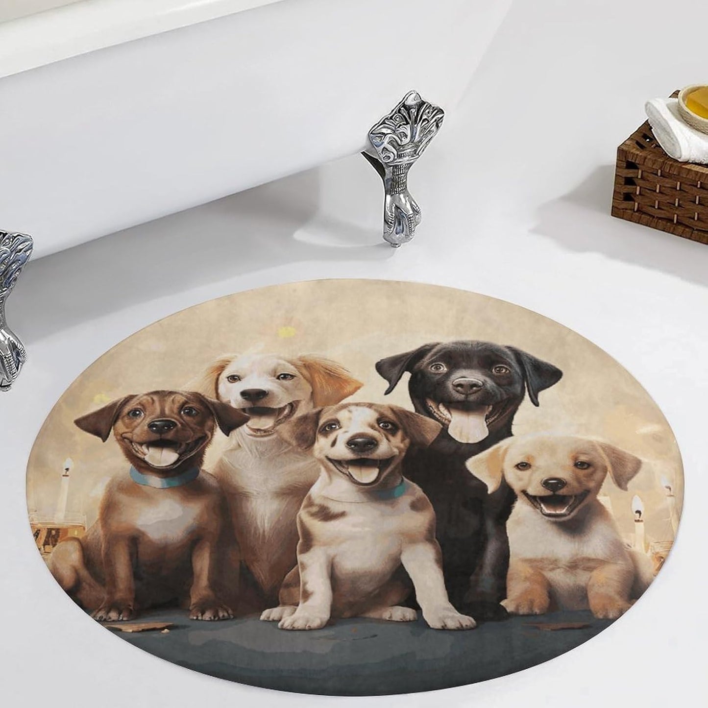 Dogs Happy Party Circle Rug Retro Luxury Coral Velvet Floor Mat Non Slip Soft Indoor Floor Carpet Comfy Thickened Area Rugs Modern Aesthetic Minimalist Carpets for Home Decor