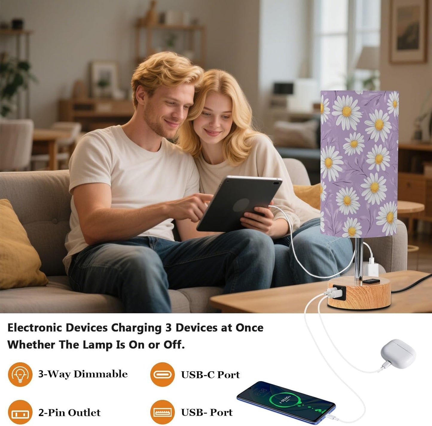 Dimmable White Daisy Flowers Lavender Leaves Table Lamp with 2 USB C Charging Ports & AC Outlet, Touch Lamps for Nightstand Bedside Small Lamp Night Stand Side Light for Bedroom/Desk, 14 in