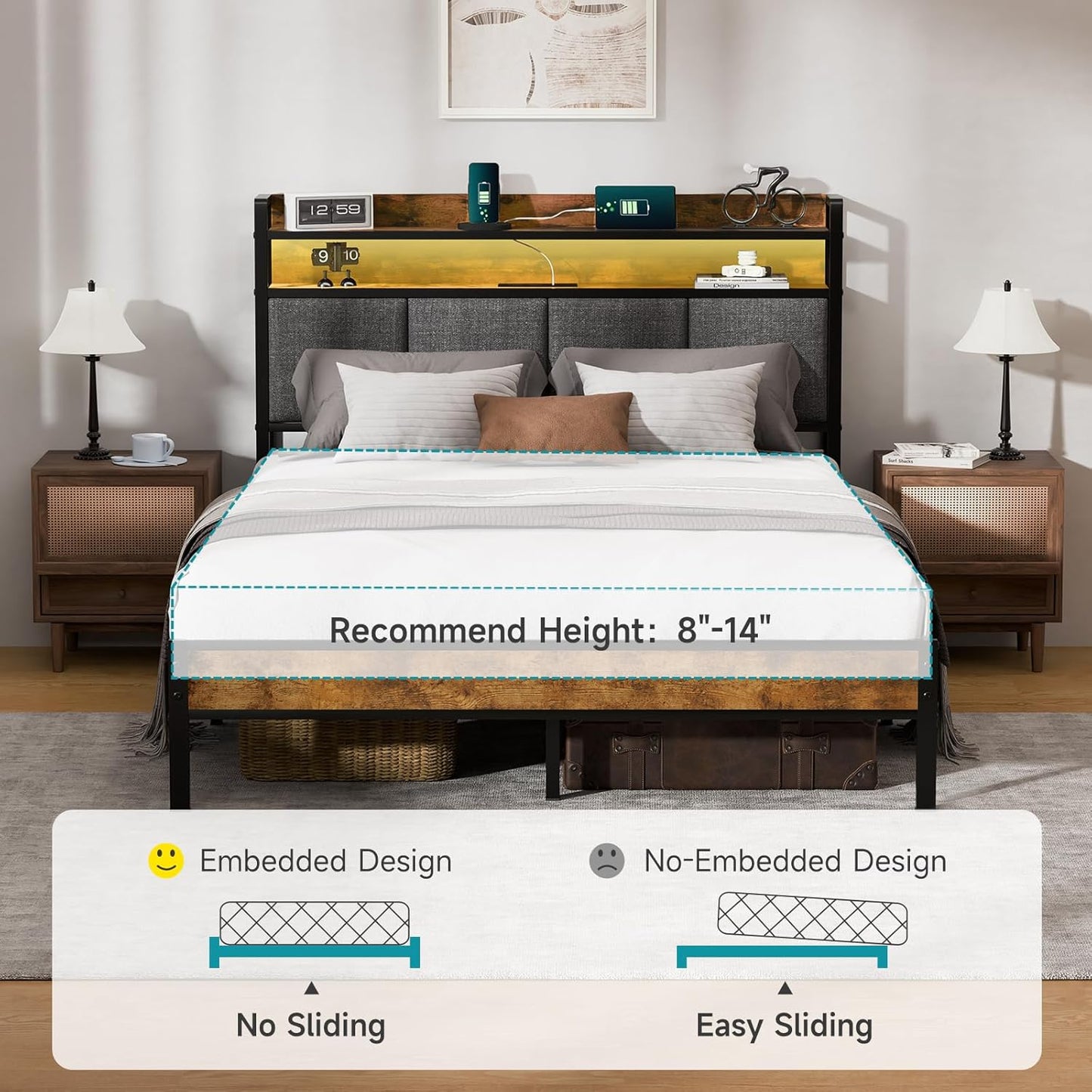 Full Bed Frame with LED Light &Charging Station, Metal Platform Bed with 2-Tier Shelves & Under Bed Storage, Upholstered Headboard&Footboard,No Box Spring Needed,Noise Free,Easy Assembly,Vintage Brown
