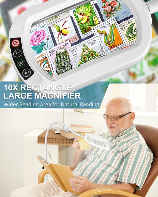 10X Rectangle Magnifying Glass with Light and Stand, 24" Flexible Gooseneck 3-in-1 Floor Lamp, 5 Color Modes Stepless Dimmable, LED Lighted Hands Free Magnifier for Reading Painting Close Work - White