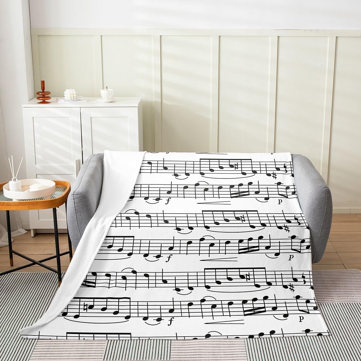 Music Throw Blanket for Music Lovers,Black White Music Notes Fleece Blanket All Season Soft Throw 50x60,Geometric Lines Art Fuzzy Blanket Lightweight,Teens Musician Flannel Blanket Living Room Decor
