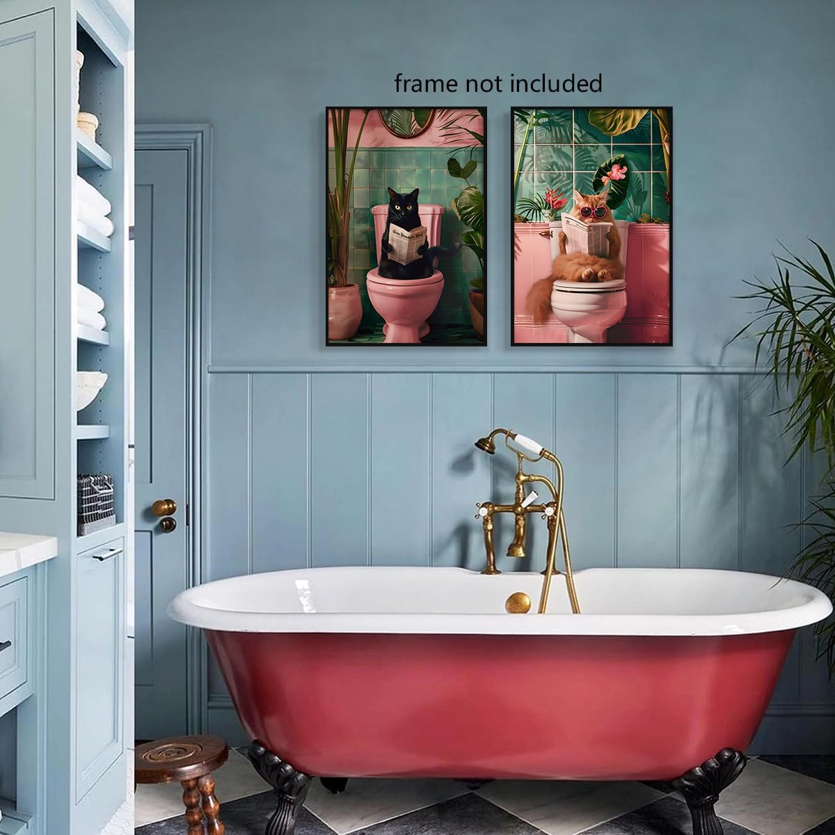 perasi Set of 2 Funny Bathroom Canvas Wall Art, Trendy Cat Reading on Pink Toilet Poster, Black Cat Read Newspaper Bathroom Pictures for Wall, Animal Green Botanical Restroom Print 8x12in Unframed