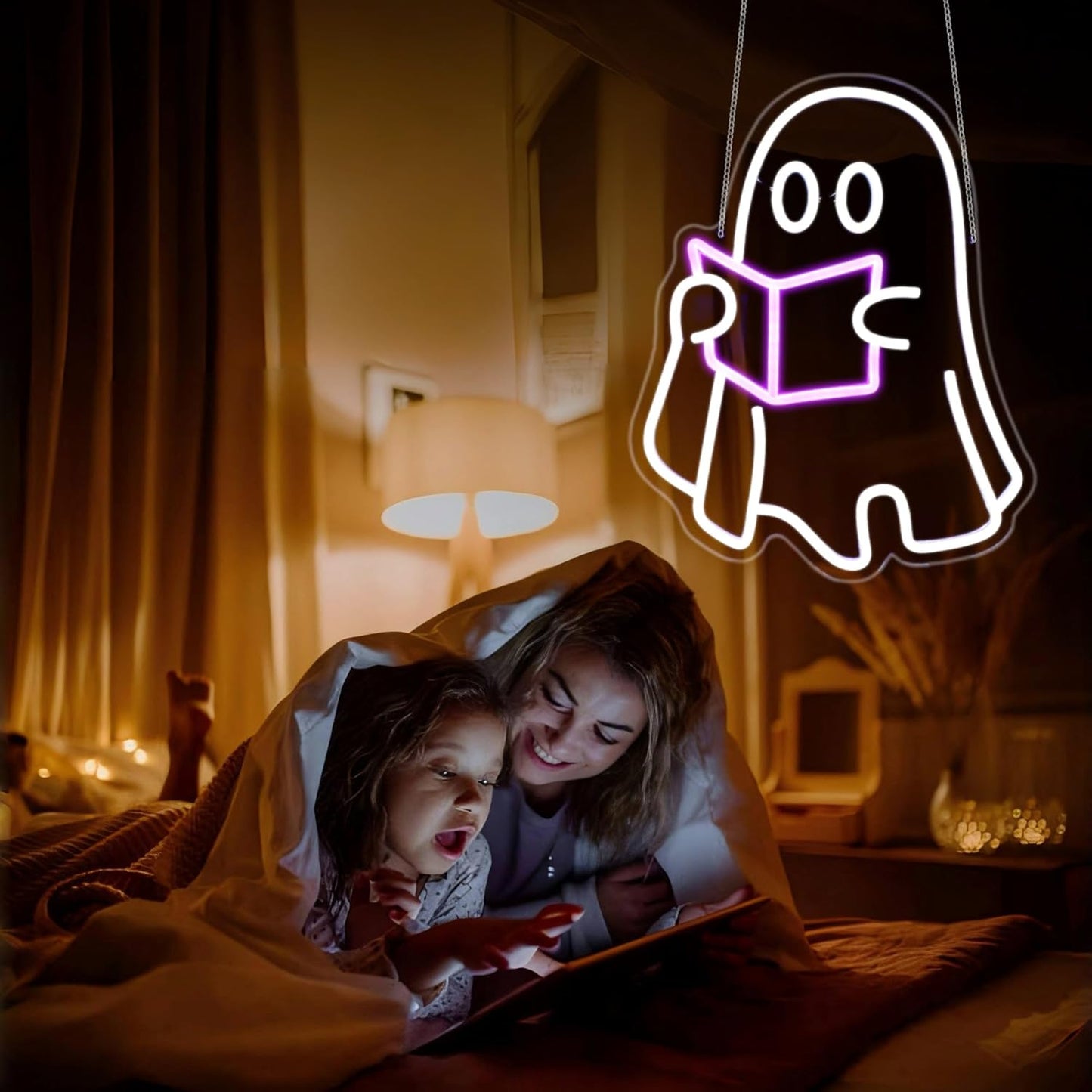 Reading Ghost Neon Sign, Neon Signs for Wall Decor Neon LED Signs Room Neon Light Up Signs Home Decor for Bedroom Club Party Bar Shop USB Operated