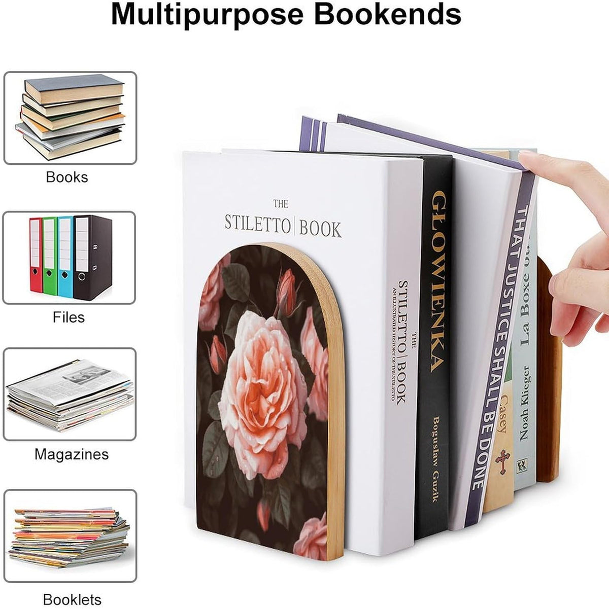 Rose Flower Wooden Bookend Non-Slip Book Ends Heavy Duty Book Stopper with Metal Base Books Holderd Decorative Bookends Stands Firmly for Office Supplies