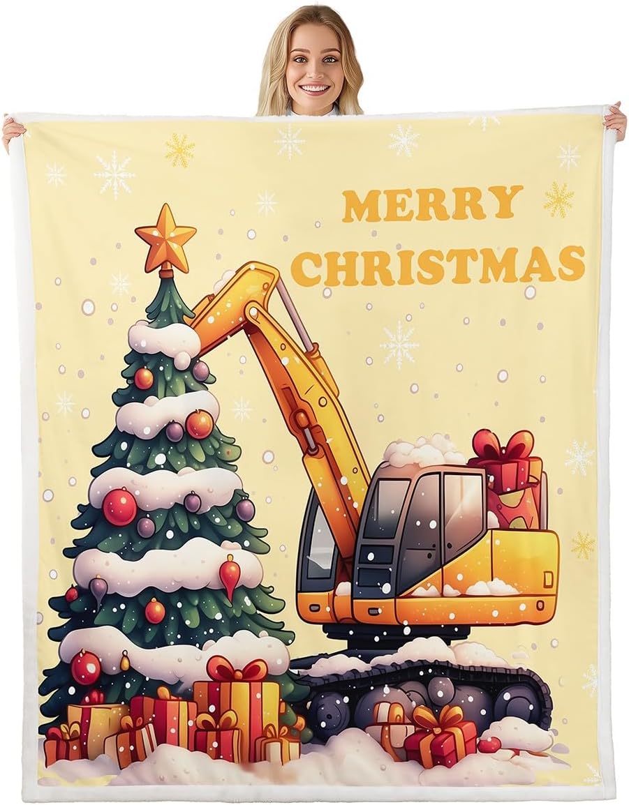 Christmas Excavator Flannel Blanket,Yellow Construction Vehicle Truck Fleece Blanket for Room Decor,Xmas Gifts Snowy Pines Trees Winter Snowflake Throw Blanket for Sofa Couch,Throw 50"x60"