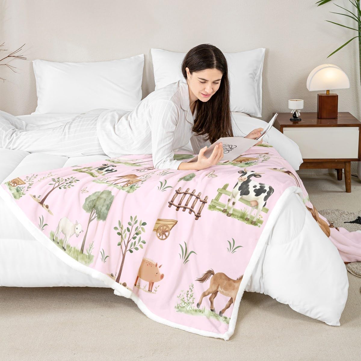 Erosebridal Baby Blankets for Unisex Boys Girls,Farm Animal Nursery Minky Blankets Pink Cartoon Animals Fleece Blanket Rustic Farmhouse Cute Horse Sheep Cow Pig Woodland Trees Fuzzy Plush Throw 40x50